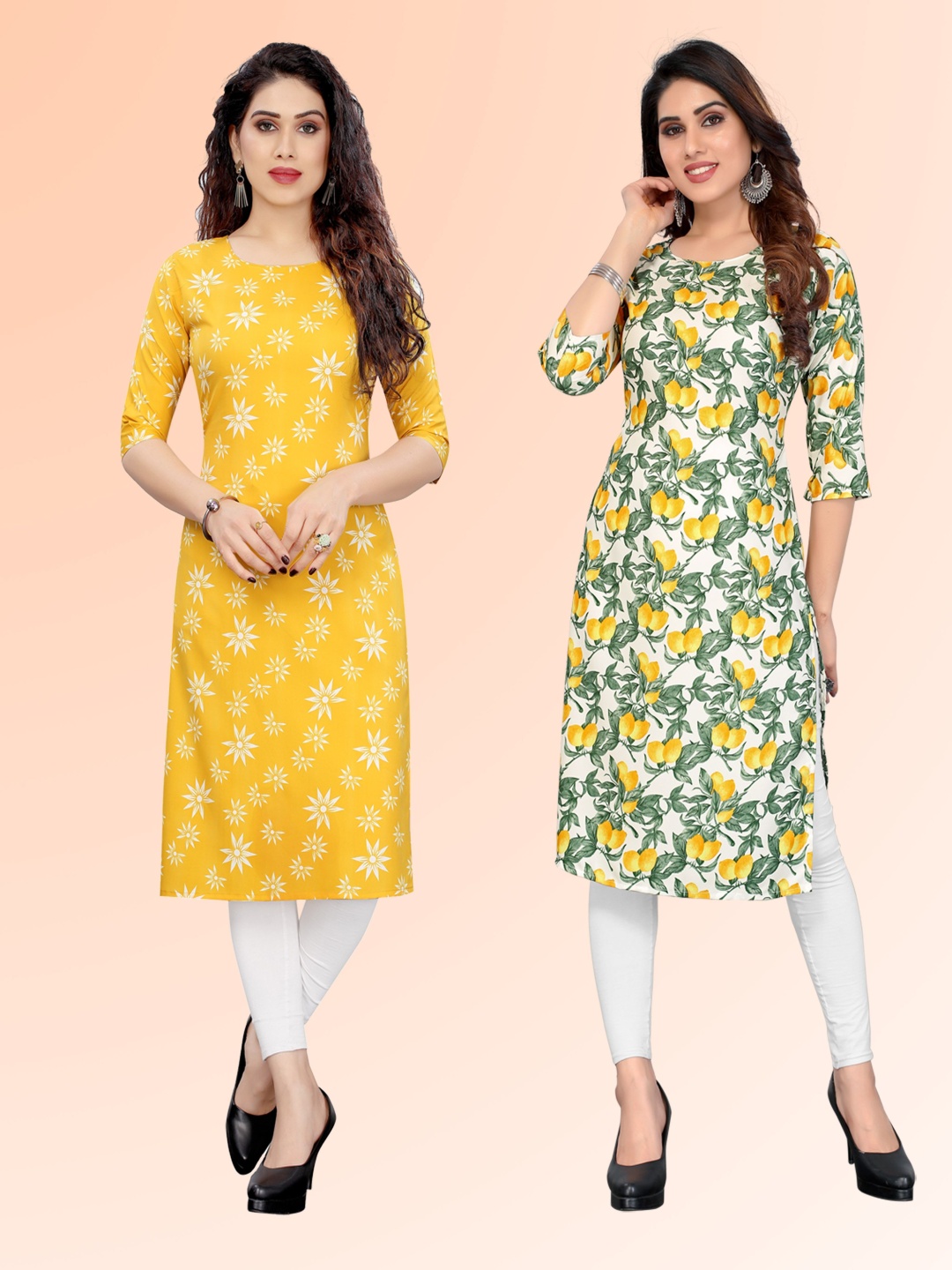 

KETAKI FASHION Selection Of 2 Floral Printed Round Neck Kurtas, Yellow