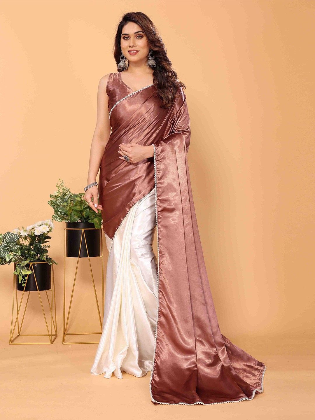 

JULEE Satin Colourblocked Saree, Pink