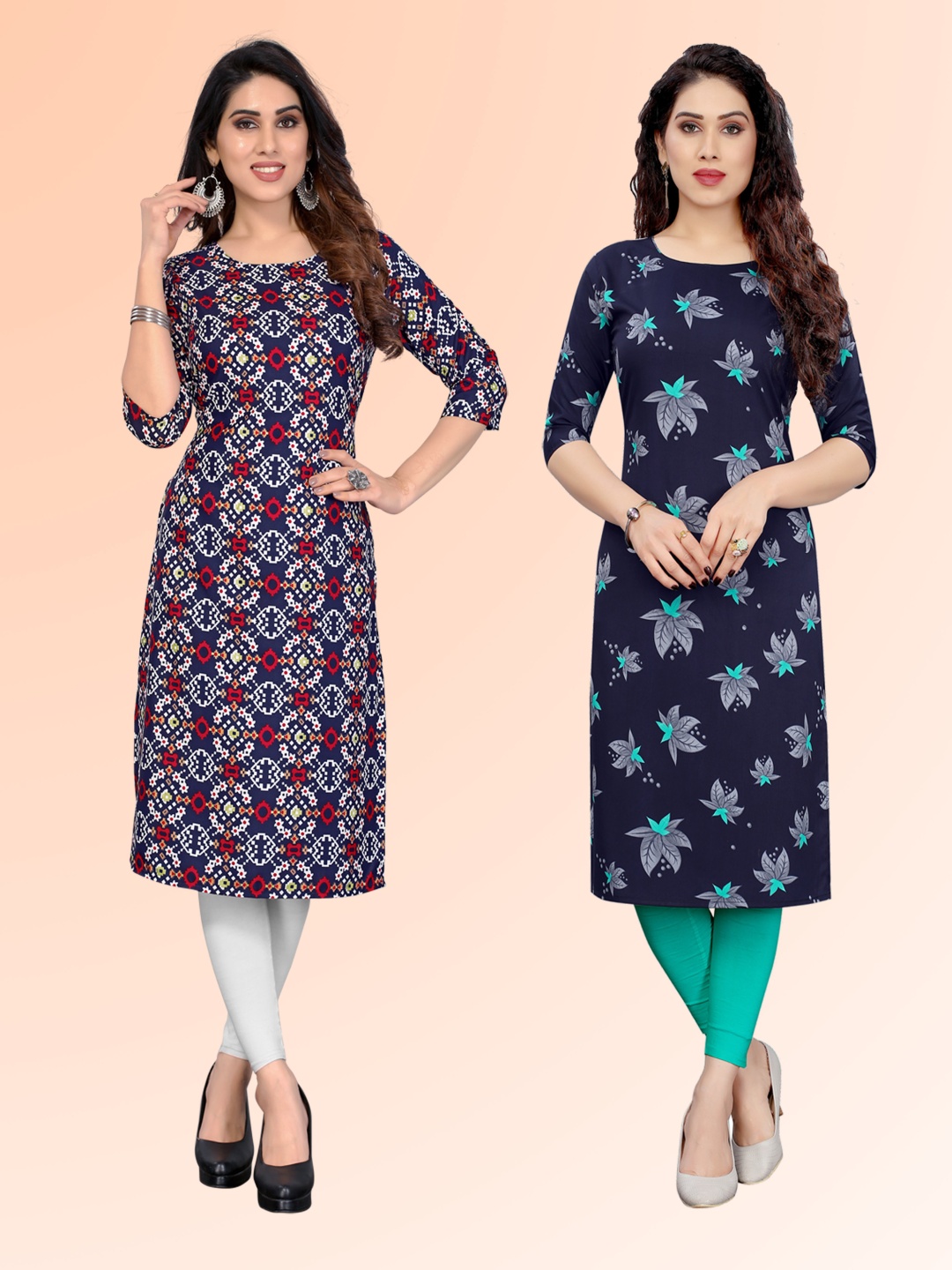 

KETAKI FASHION Selection Of 2 Ethnic Motifs Printed Round Neck Kurtas, Navy blue