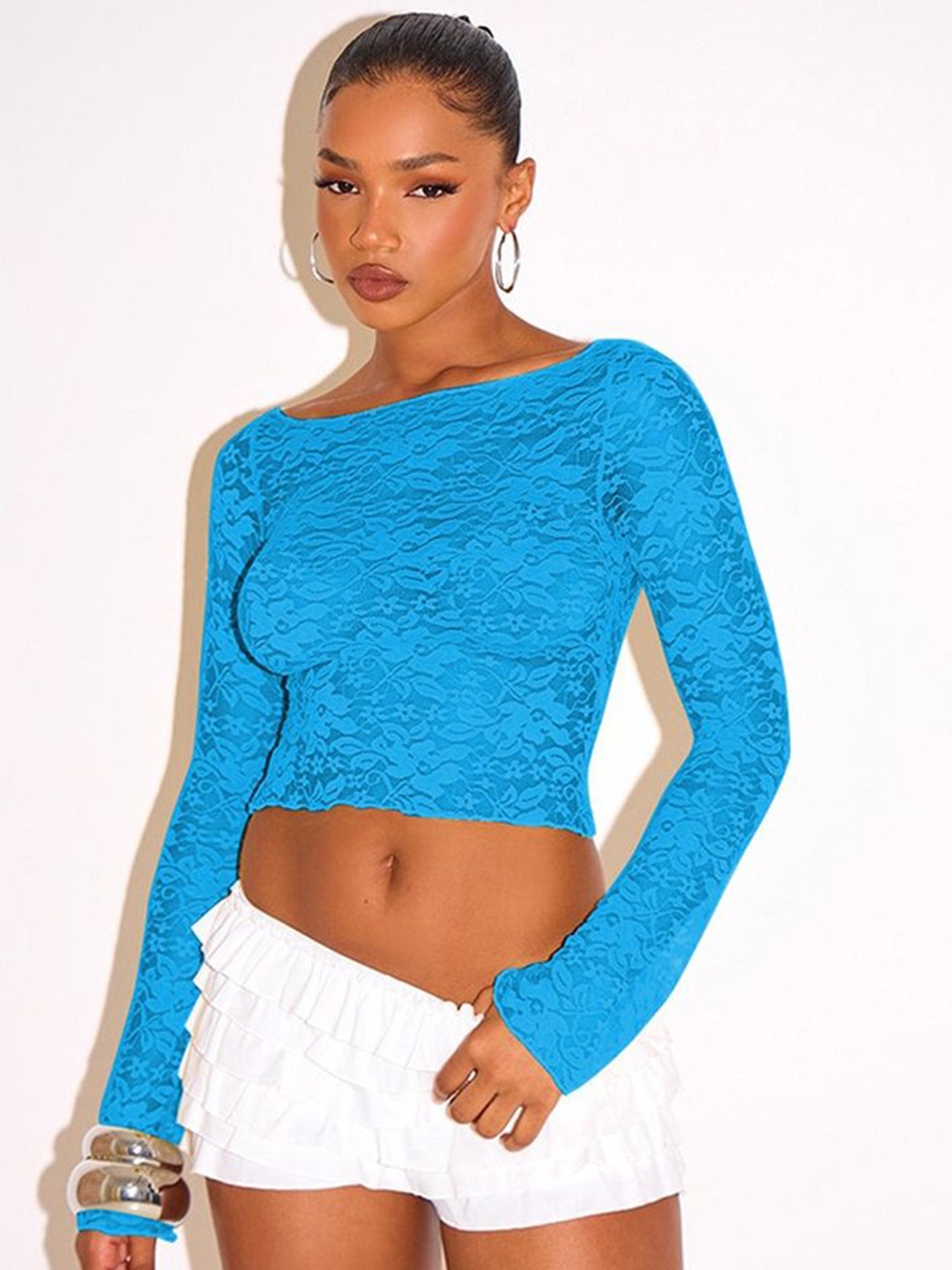 

LULU & SKY Self Design Boat Neck Fitted Crop Top, Blue