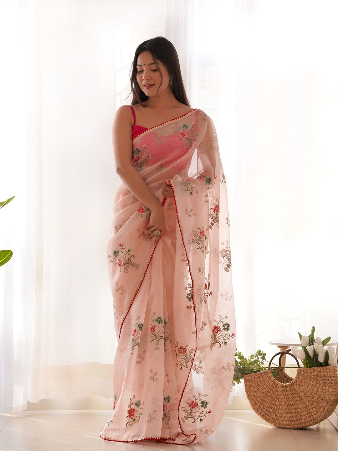 

LeeliPeeri Designer Embellished Embroidered Organza Saree With Matching Blouse Piece, Pink