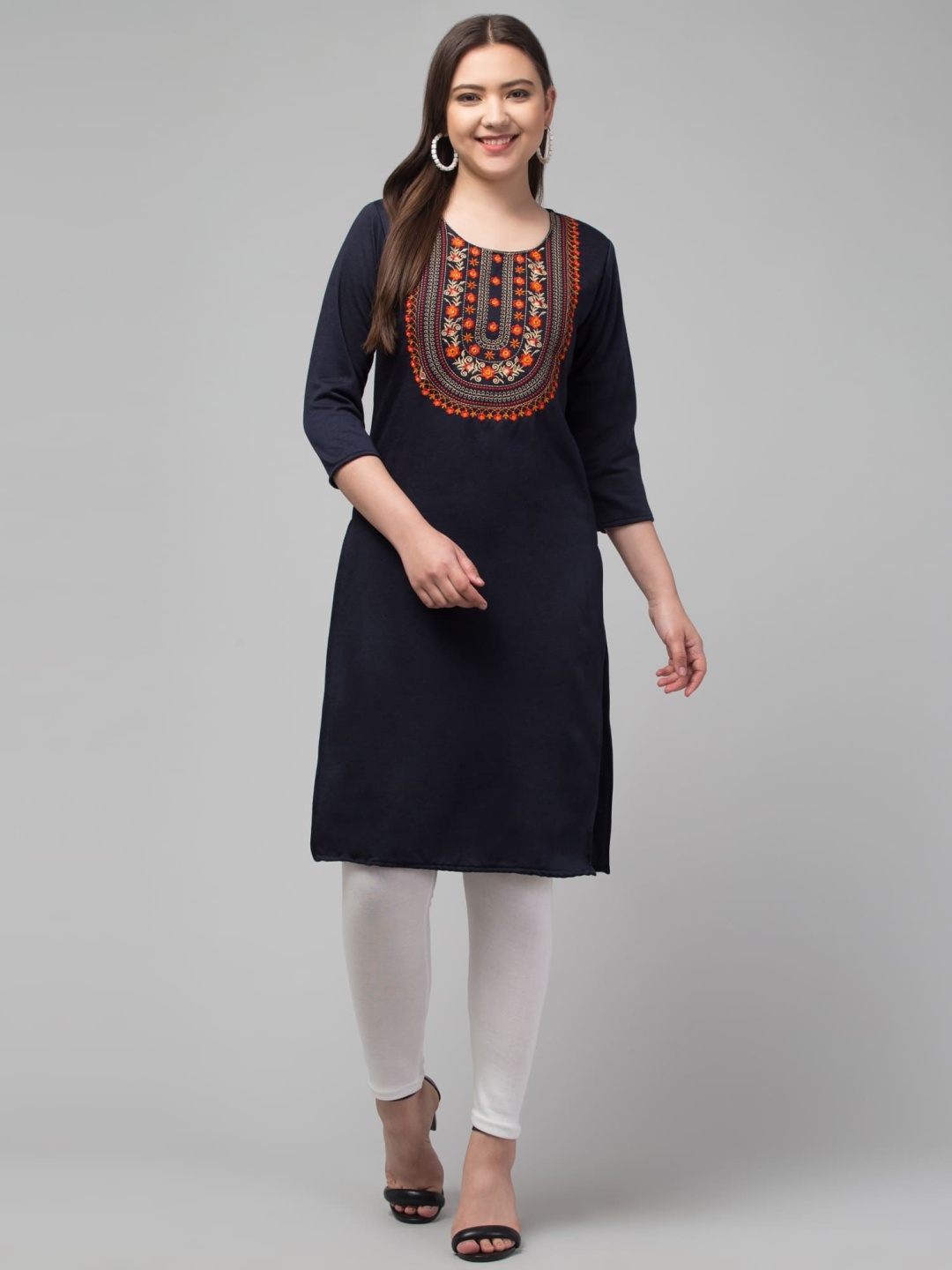 

FAMBEE Floral Embroidered Round Neck Mirror Work Woollen Straight Kurta, Navy blue