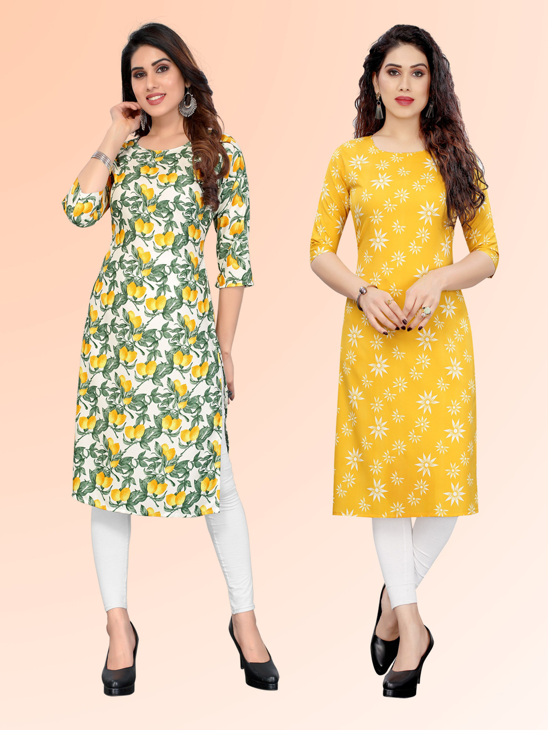 

KETAKI FASHION Selection Of 2 Floral Printed Straight Kurtas, White