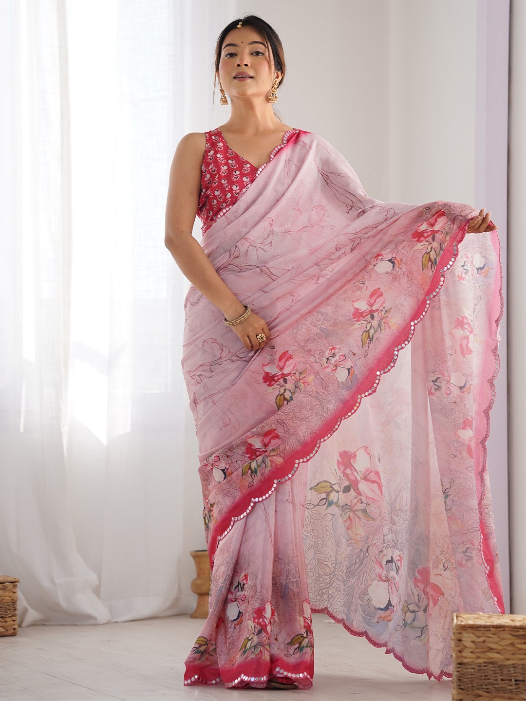 

Kalista Mirror Work Pure Chiffon Saree, Pink