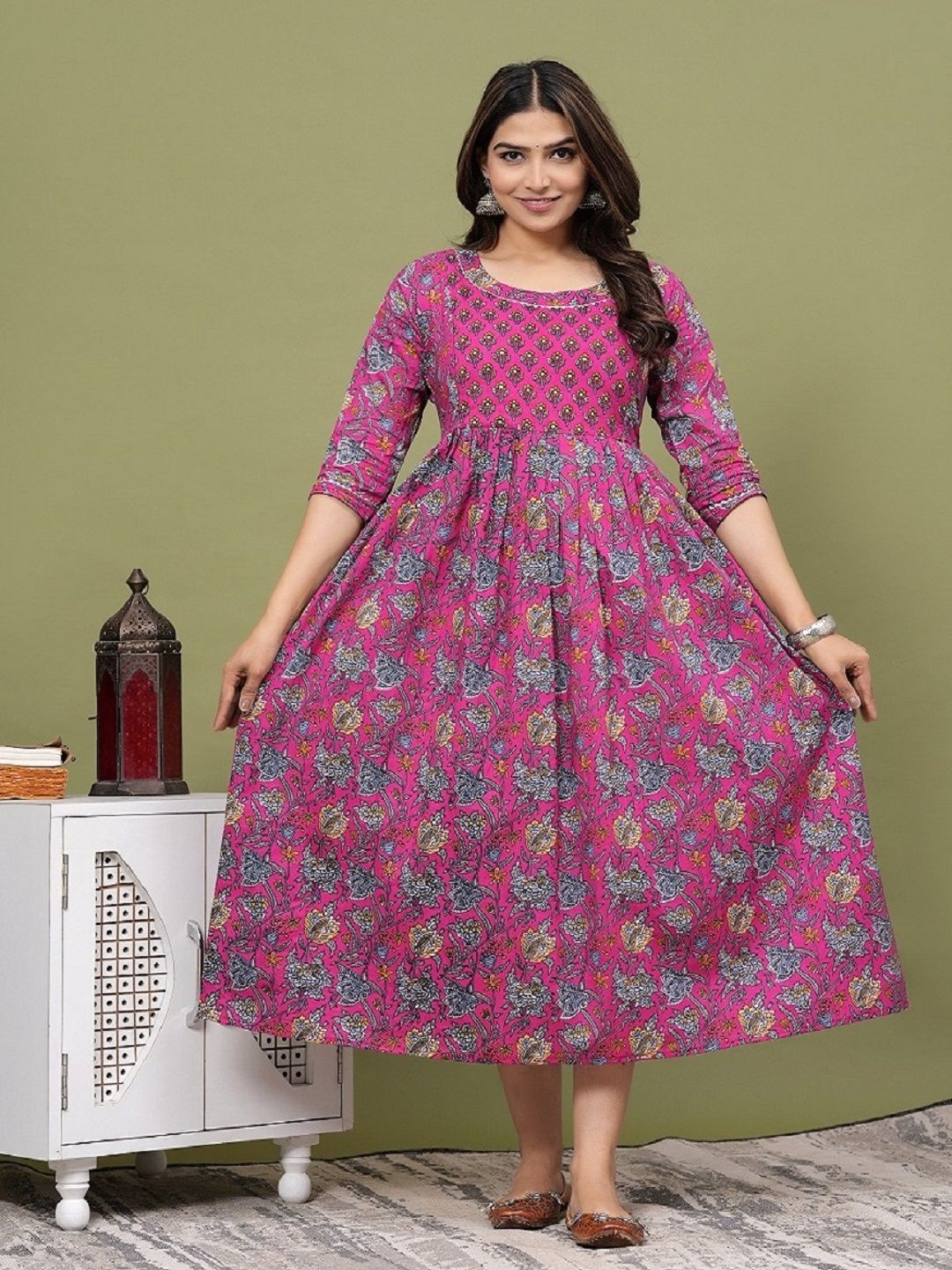 

Nevisha Style Floral Printed Round Neck Gotta Patti Maternity Cotton Anarkali Kurta, Pink