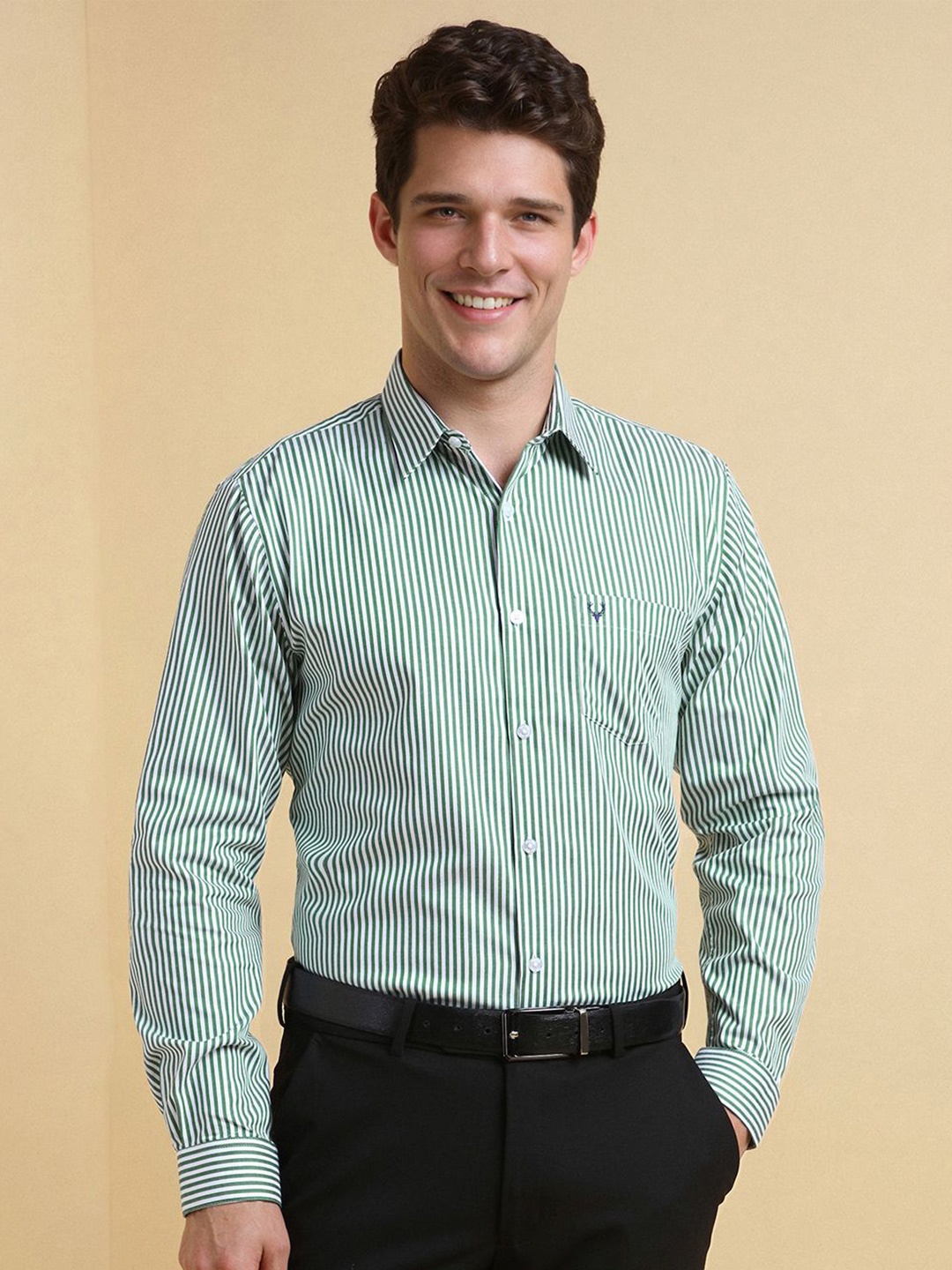 

Allen Solly Men Slim Fit Spread Collar Vertical Striped Cotton Formal Shirt, Green
