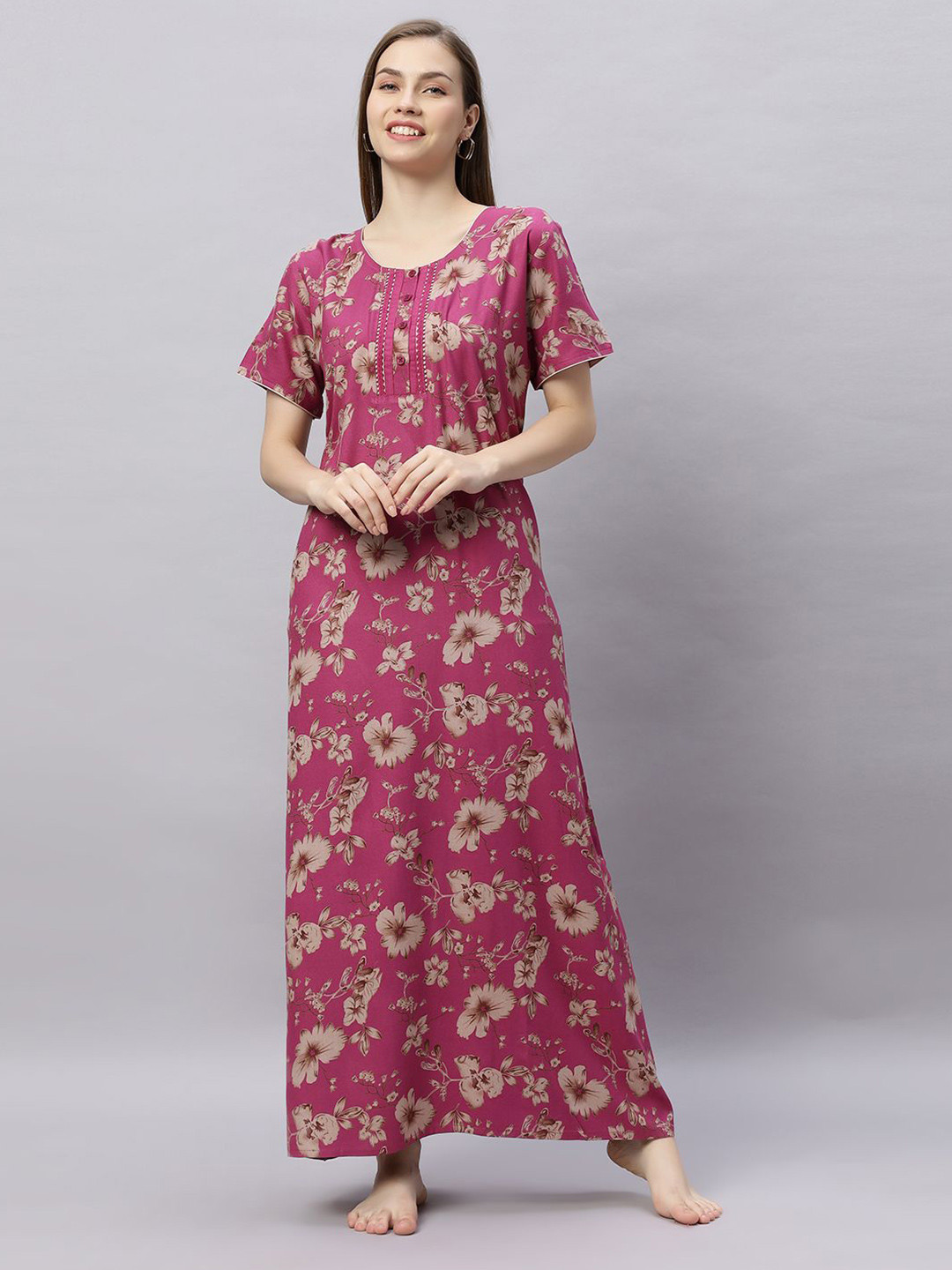 

QUIRA Women Printed Maxi Nightdress, Pink