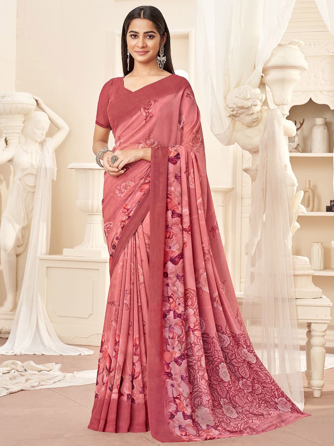 

Mitera Women Floral Printed Saree With Unstitched Blouse Piece, Peach