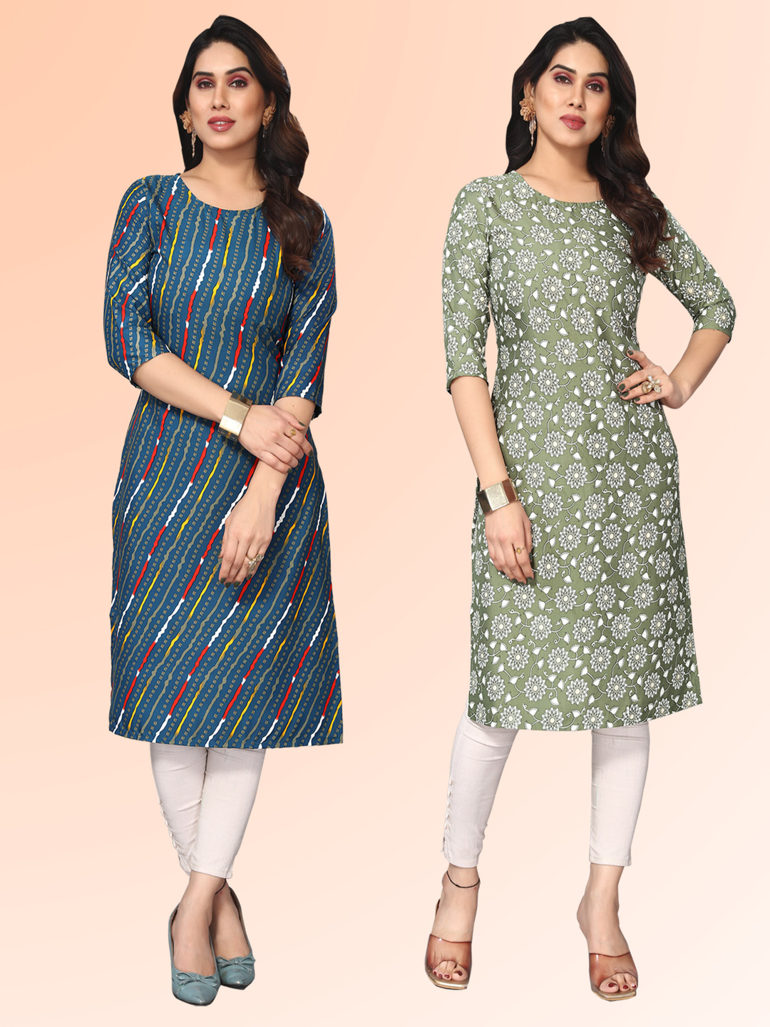 

KETAKI FASHION Selection of 2 Striped Round Neck Straight Kurtas, Blue