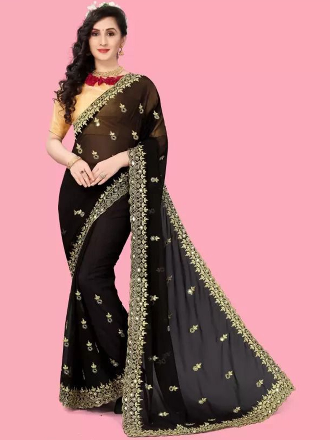 

SAADHVI Embellished Embroidered Pure Georgette Designer Saree, Black