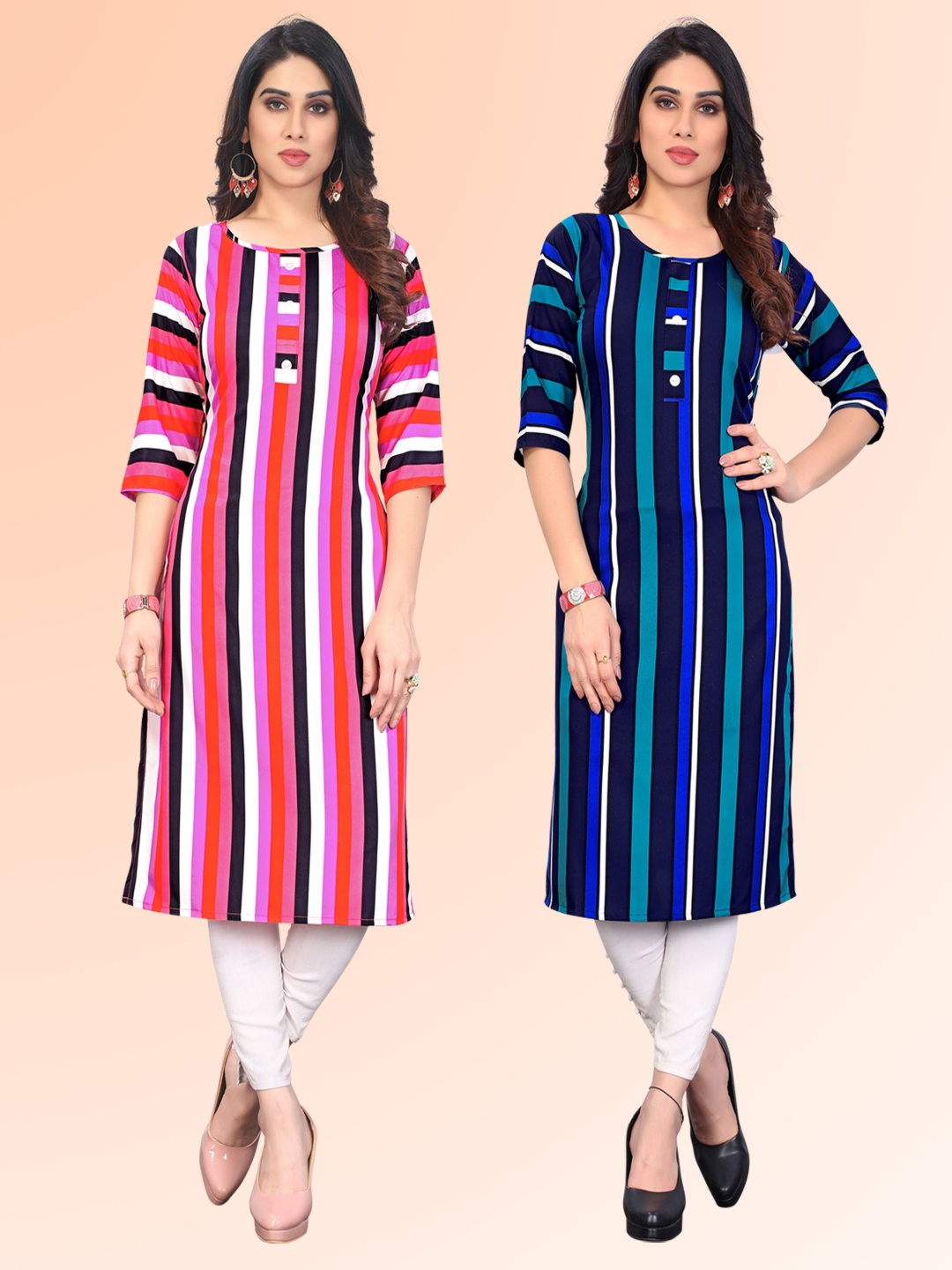 

KETAKI FASHION Selection of 2 Striped Round Neck Straight Kurtas, Pink