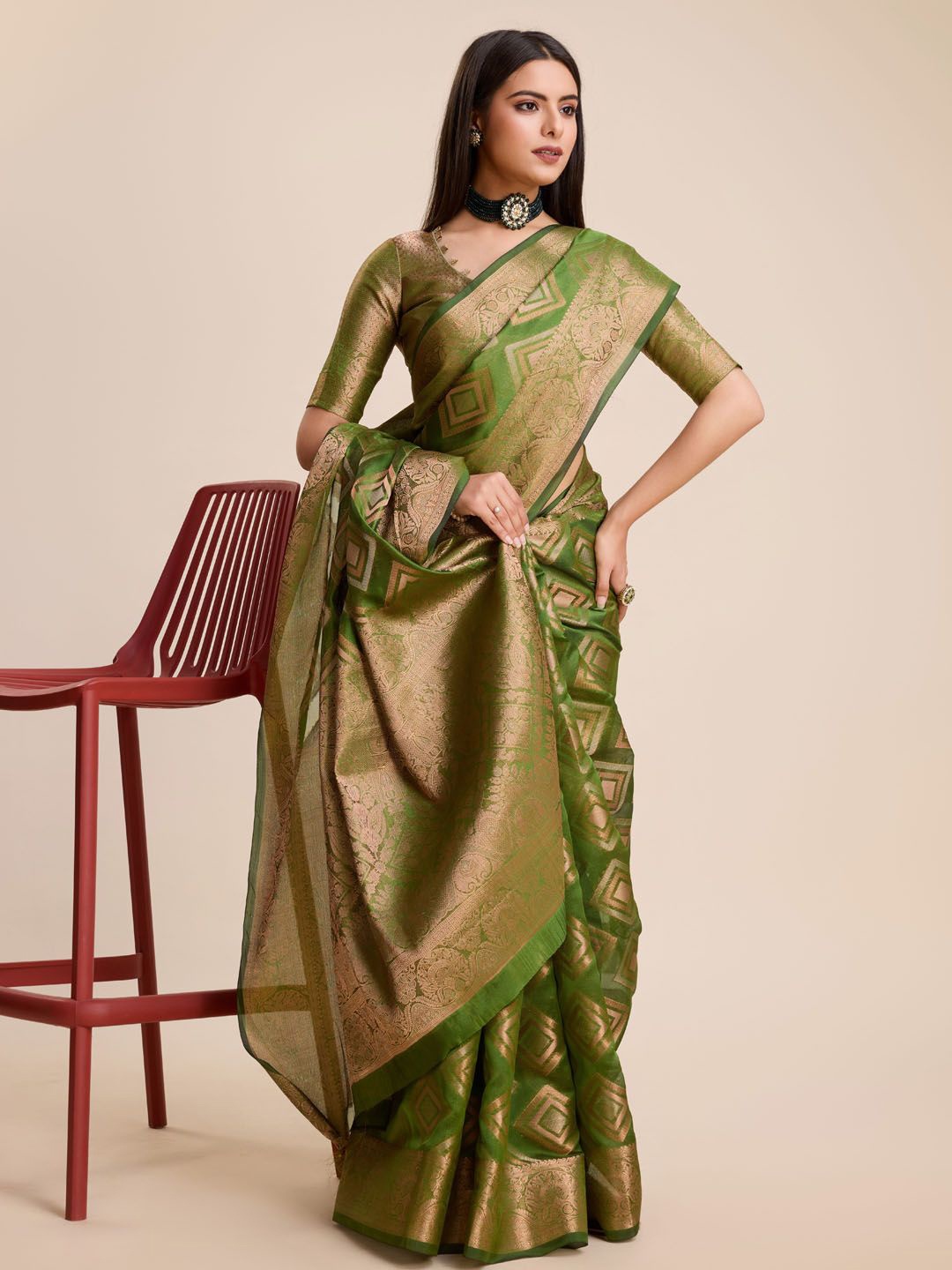 

yourwish Woven Design Zari Organza Banarasi Saree, Olive