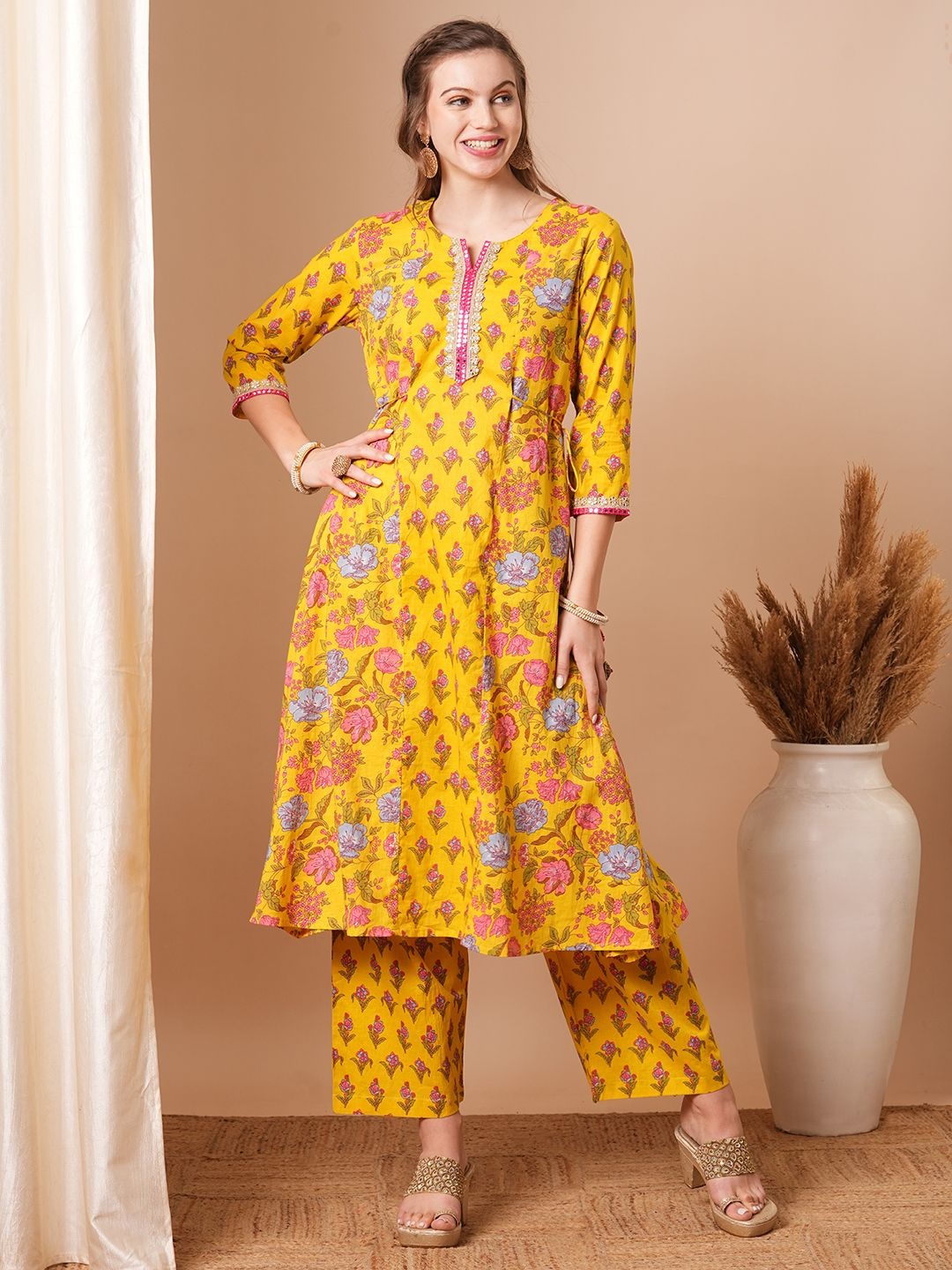 

FASHOR Ethnic Motifs Printed Mirror Work Panelled Pure Cotton A-Line Kurta with Trousers, Yellow
