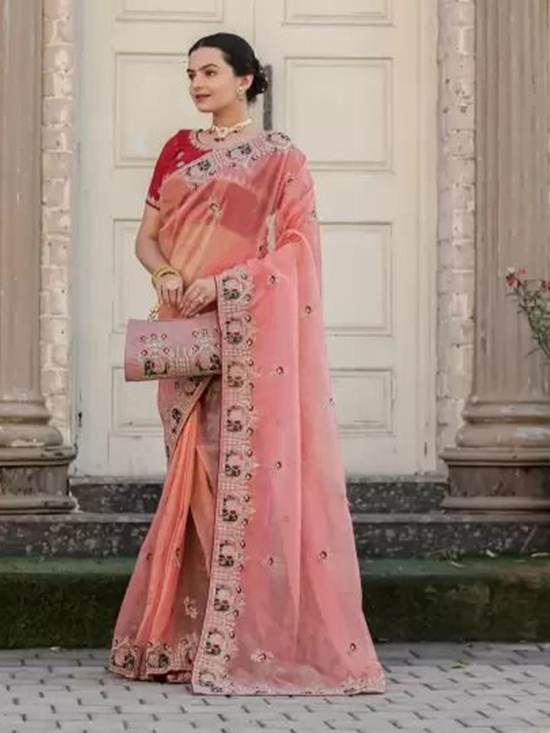 

SAADHVI Embellished Embroidered Organza Designer Saree, Pink