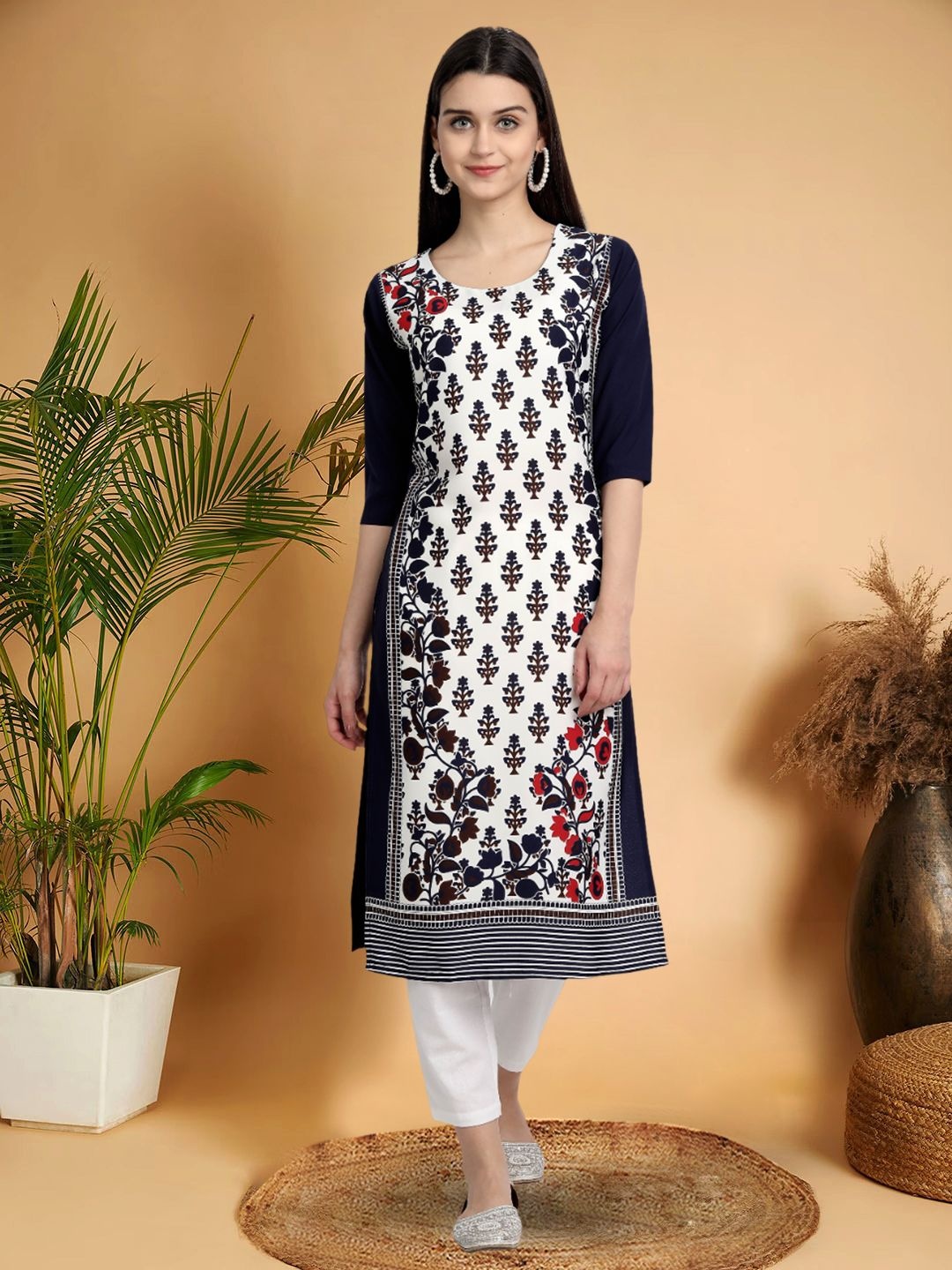 

7Threads Selection Of 5 Ethnic Motifs Printed Round Neck Straight Kurtas, Black