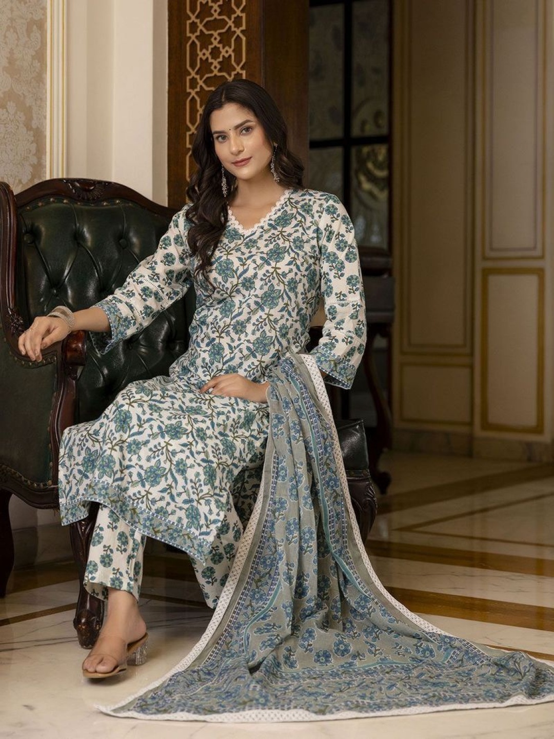 

Modestouze Attires Floral Printed V-Neck Straight Kurta With Trousers And Dupatta, Blue