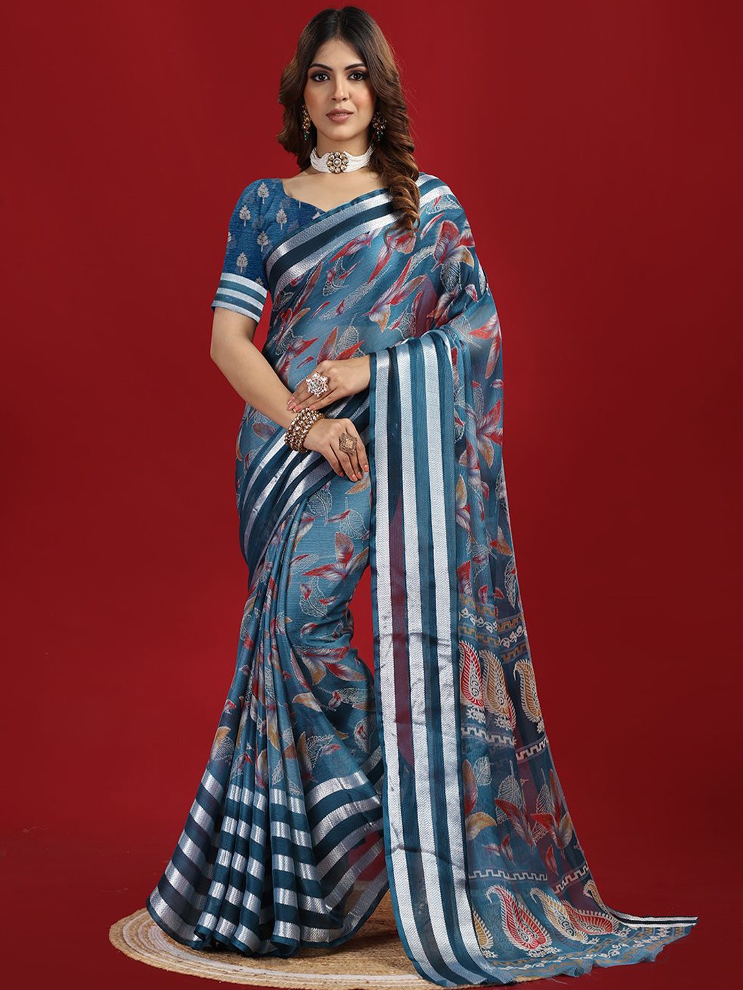 

NIRMAL CREATION Floral Printed Zari Saree, Turquoise blue