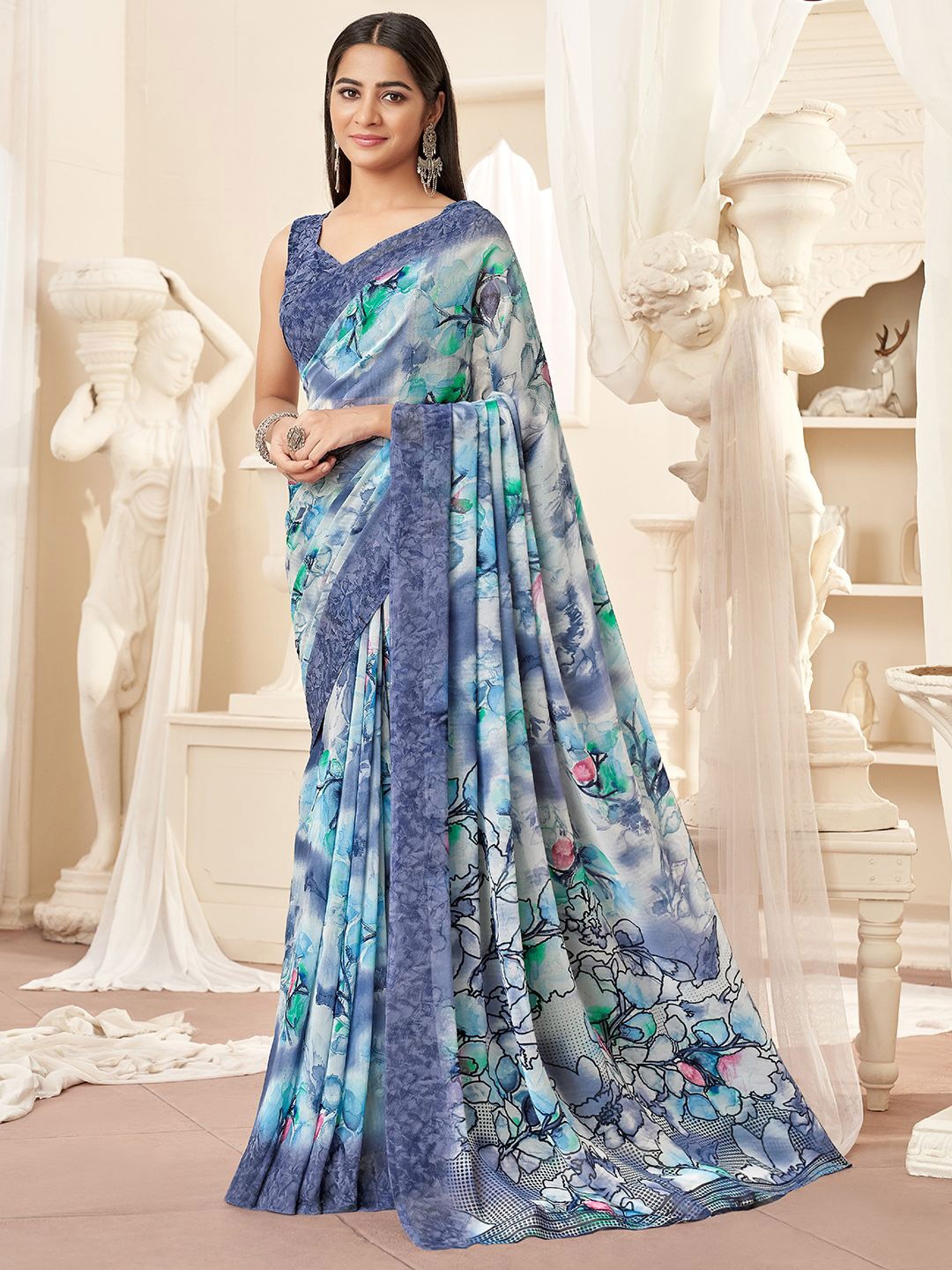

Mitera Floral Poly Georgette Saree, Blue