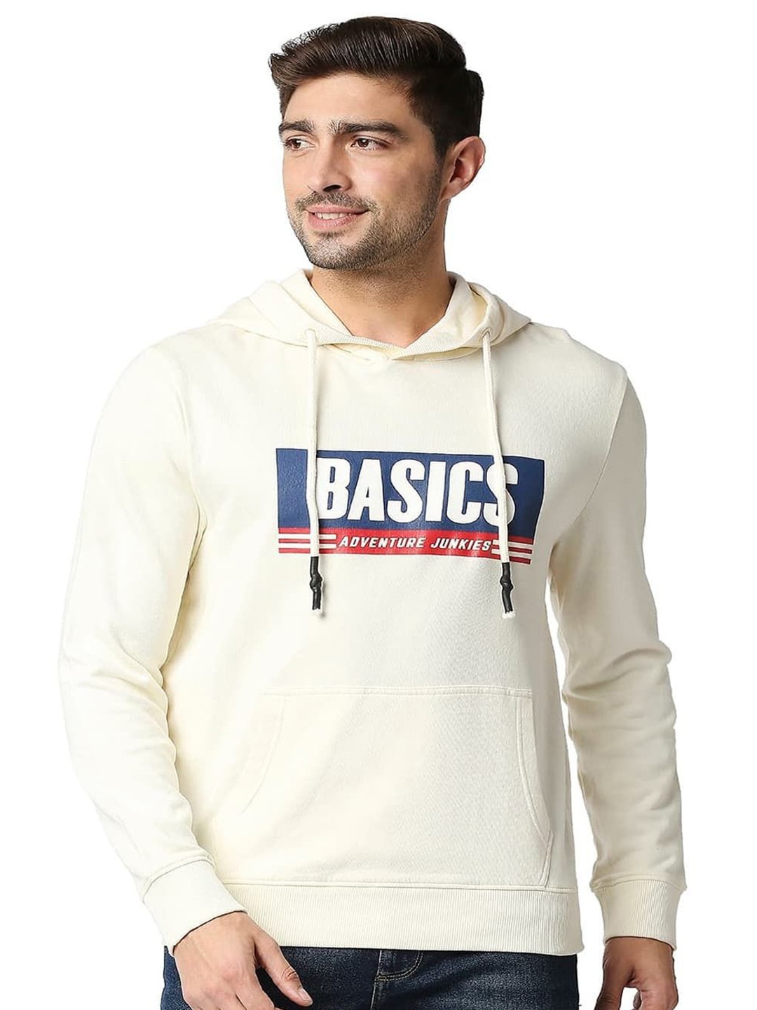 

Basics Men Printed Hooded Pullover Cotton Sweatshirt, Off white