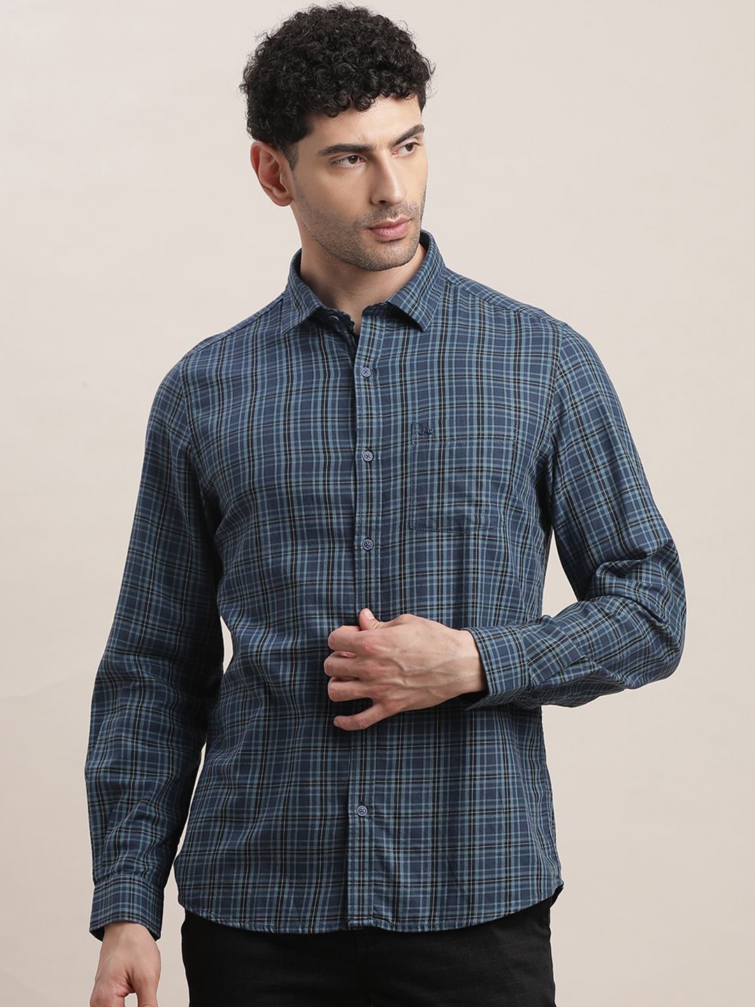 

Turtle Men Relaxed Fit Spread Collar Tartan Checked Cotton Casual Shirt, Navy blue