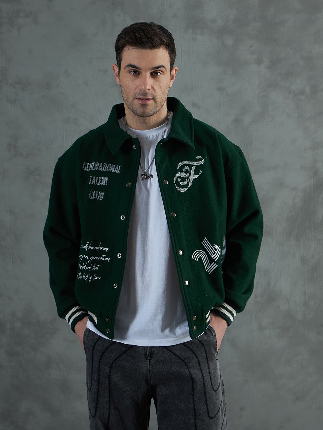 

FUGAZEE Men Spread Collar Typography Printed Cotton Casual Bomber Jacket, Green