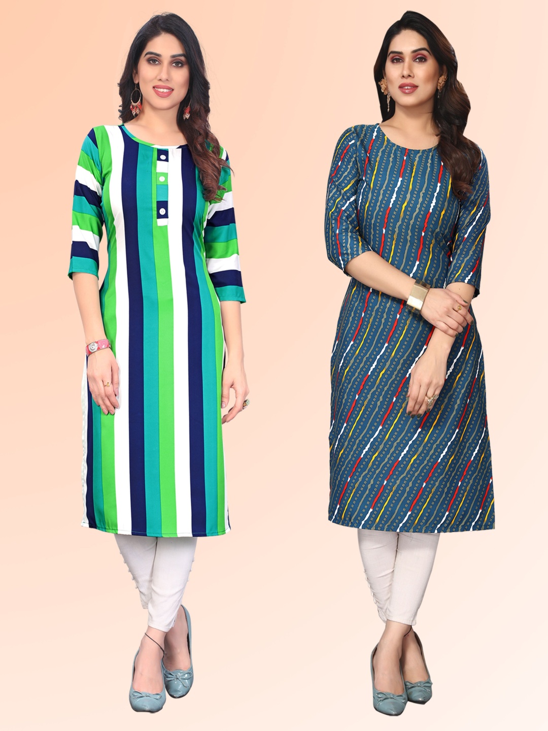 

KETAKI FASHION Selection of 2 Striped Round Neck Straight Kurtas, Green