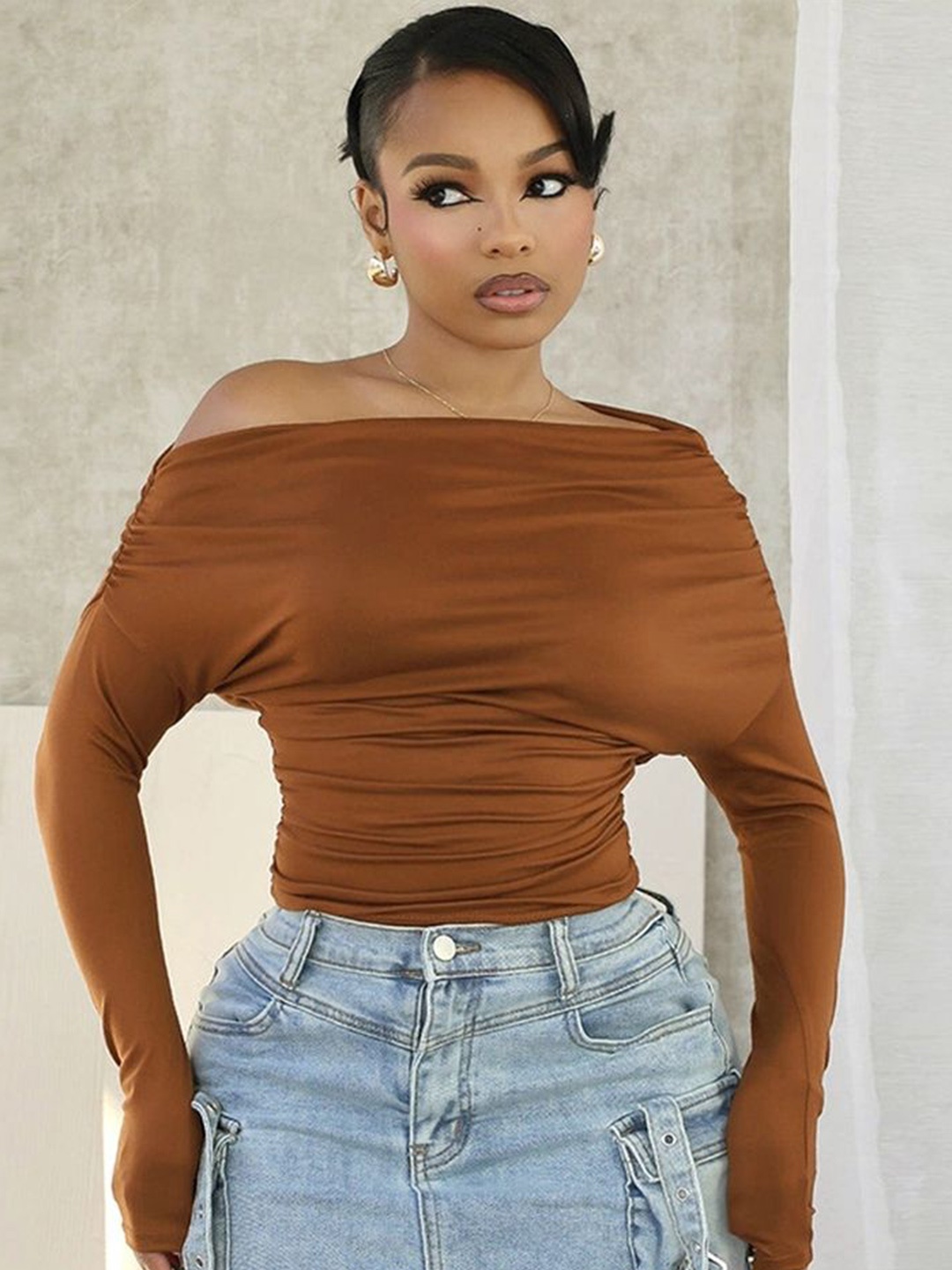 

LULU & SKY Women Off-Shoulder Bardot Top, Brown