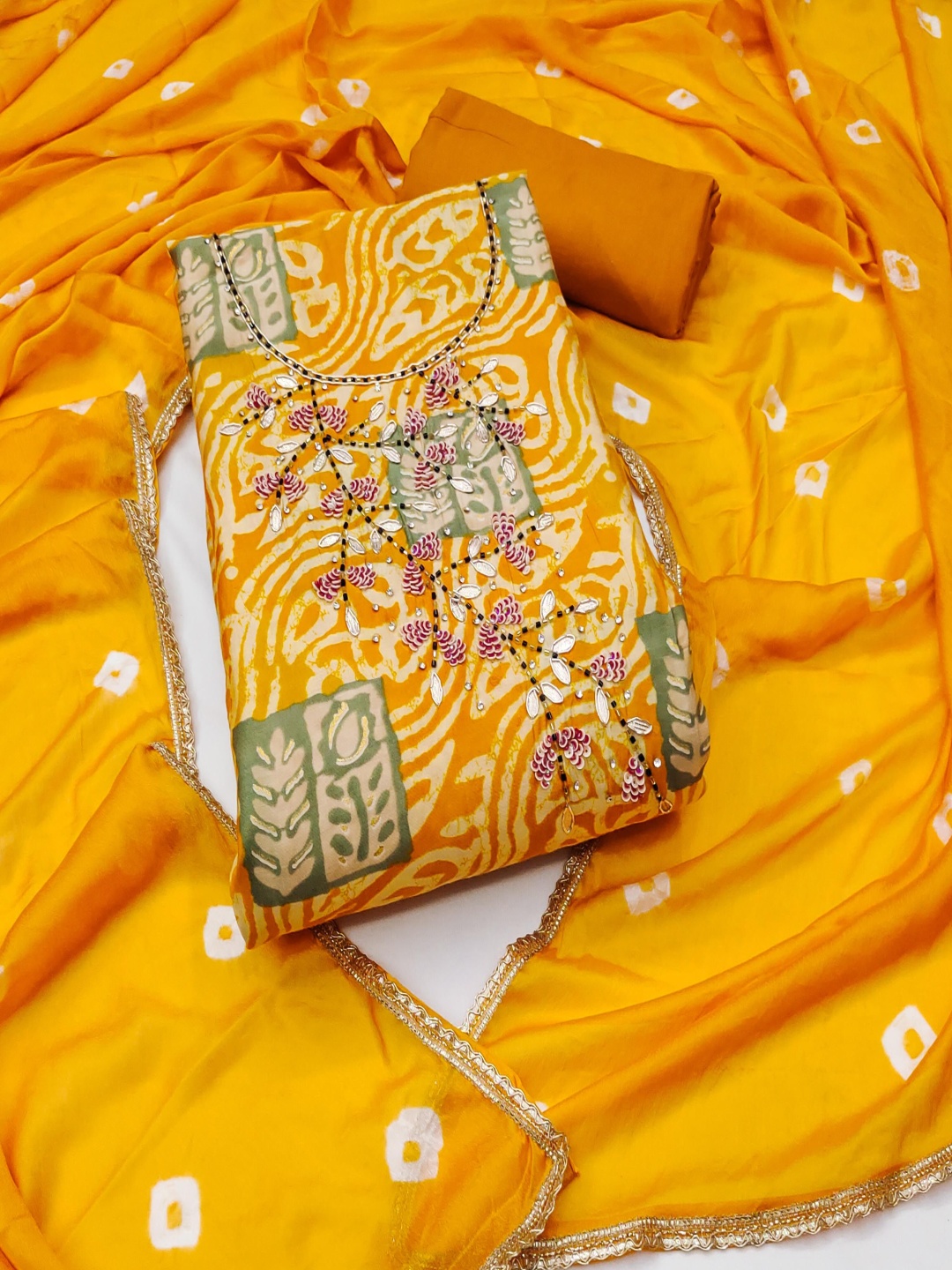 

MANVAA Ethnic Motifs Printed Beads and Stones Unstitched Dress Material, Yellow