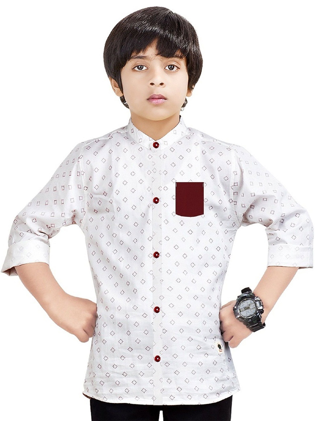 

MADE IN THE SHADE Boys Band Collar Geometric Printed Cotton Casual Shirt, White