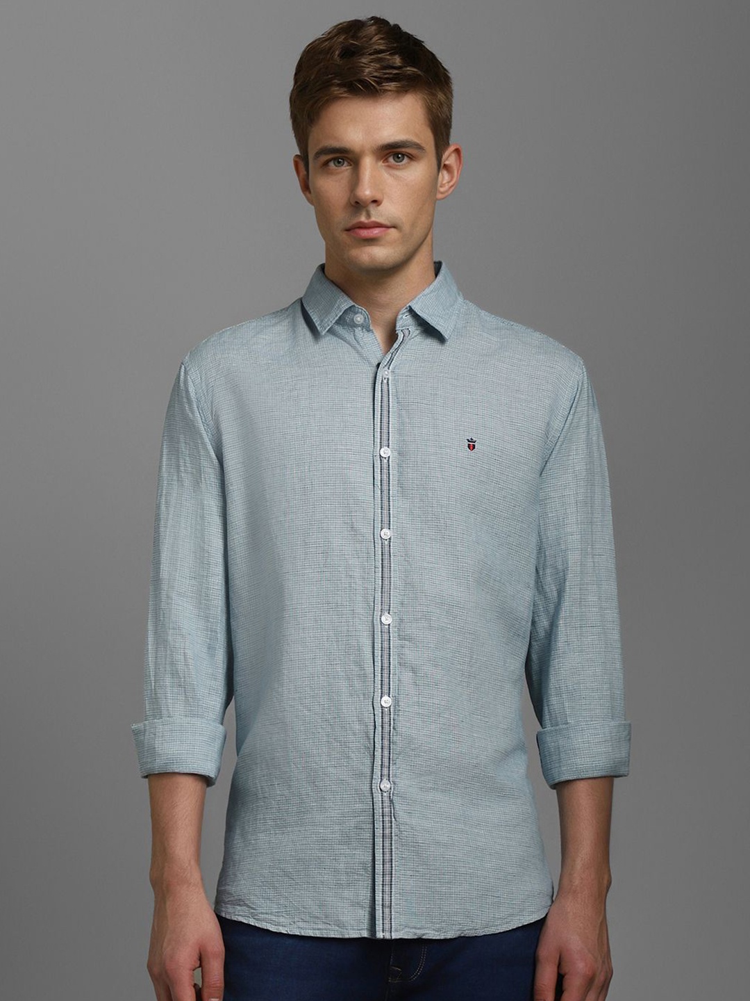 

Louis Philippe Sport Men Textured Self Design Spread Collar Casual Shirt, Blue