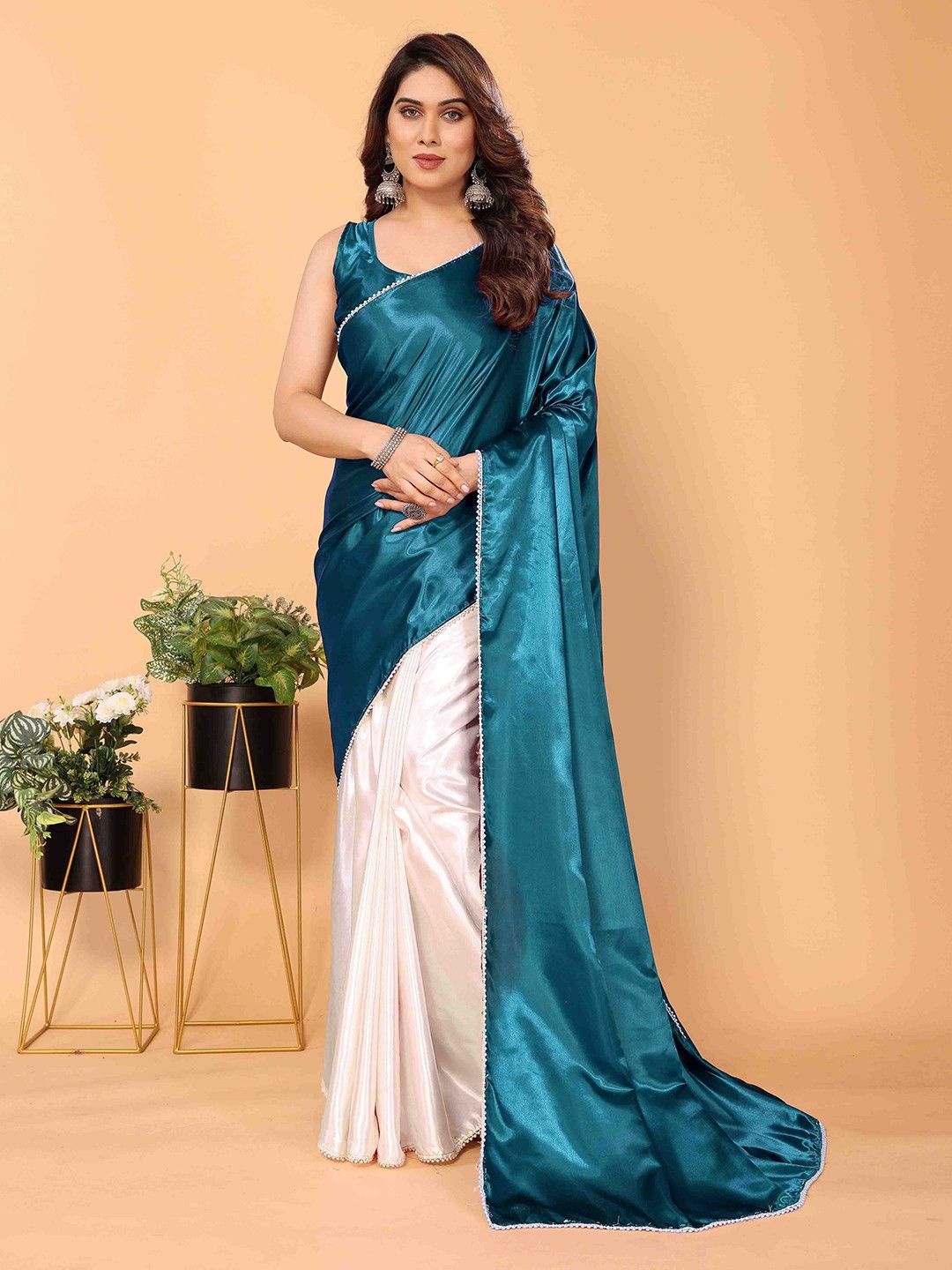 

JULEE Colourblocked Satin Half and Half Saree, Teal