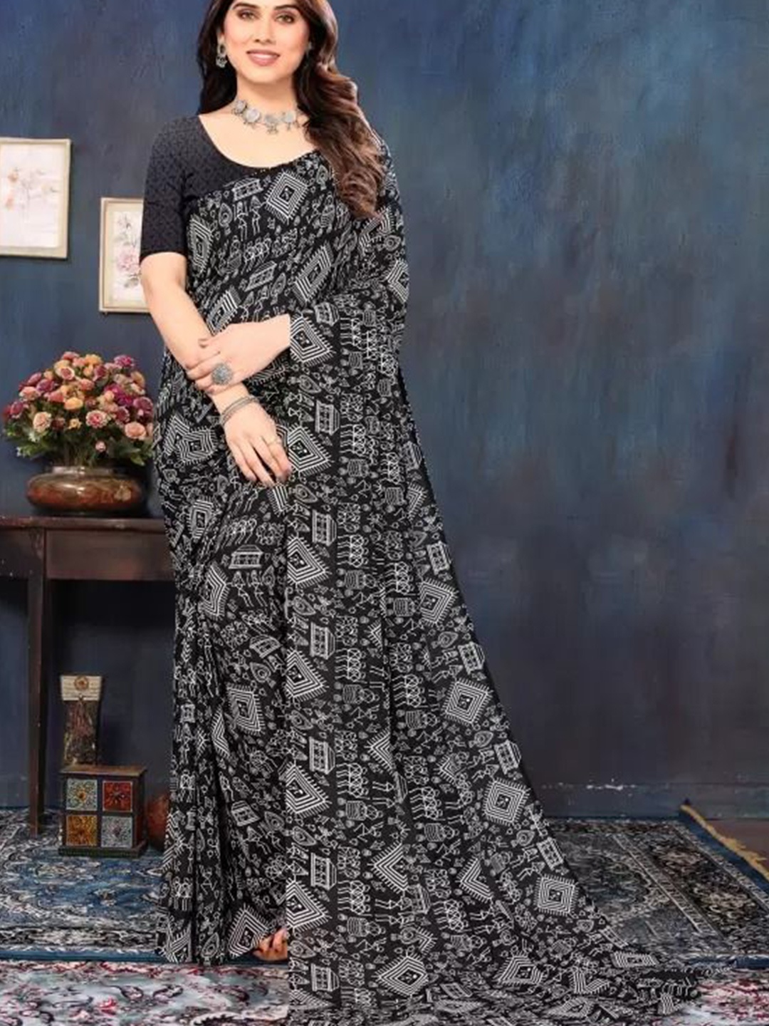 

SAADHVI Geometric Printed Pure Georgette Designer Saree, Black