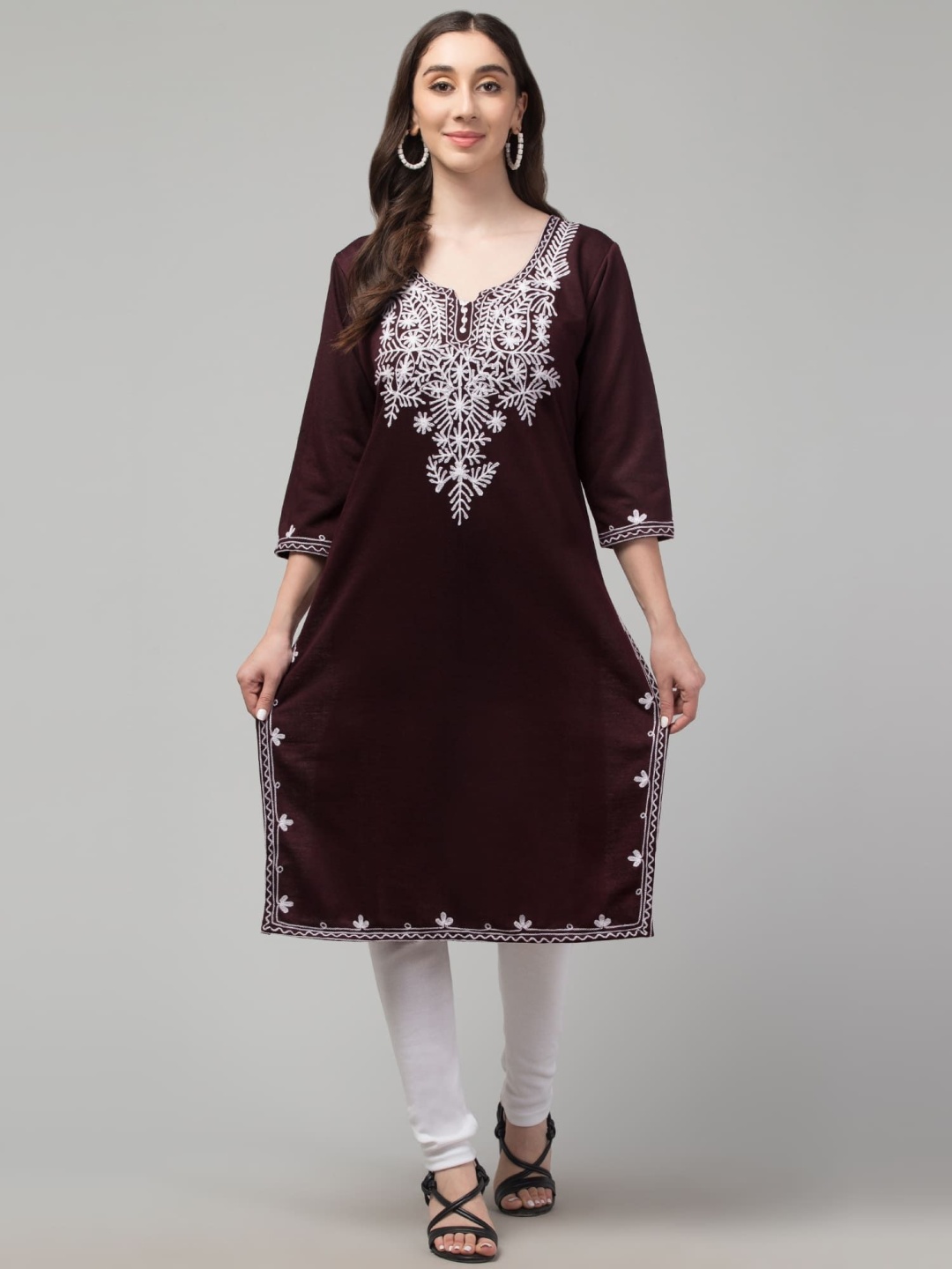 

FAMBEE Floral Embroidered Notch Neck Woollen Straight Kurta, Coffee brown