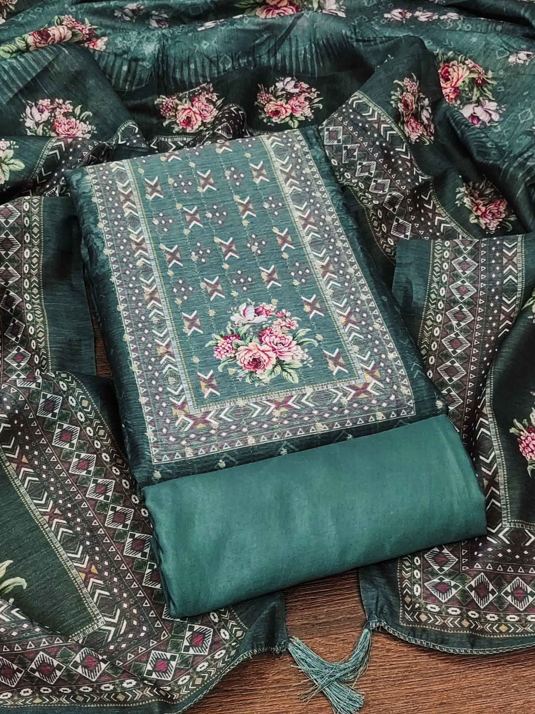 

RUDRAA FAB Floral Printed Pure Chanderi Unstitched Dress Material, Teal