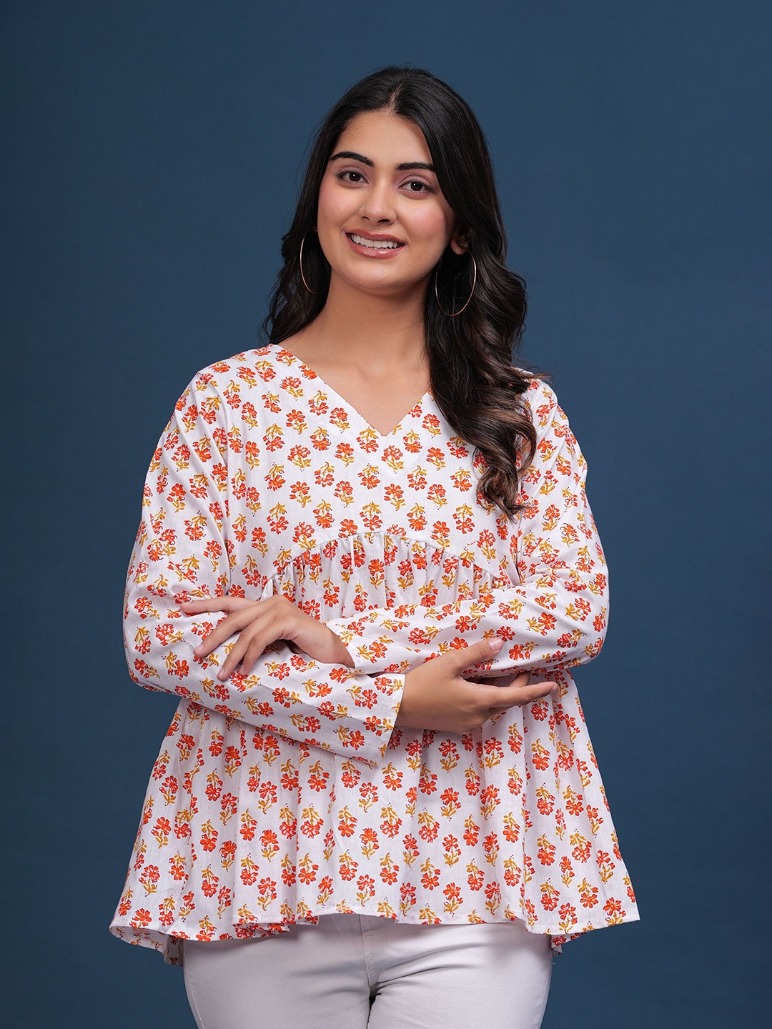 

PINGAKSH Women Floral Printed Cotton Empire Top, Peach