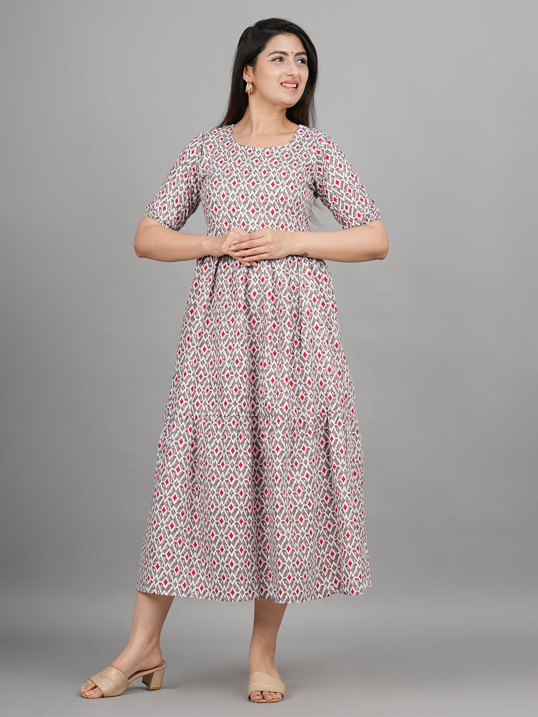 

SITA FASHION HUB Women Printed Cotton Fit and Flare Dress, Red