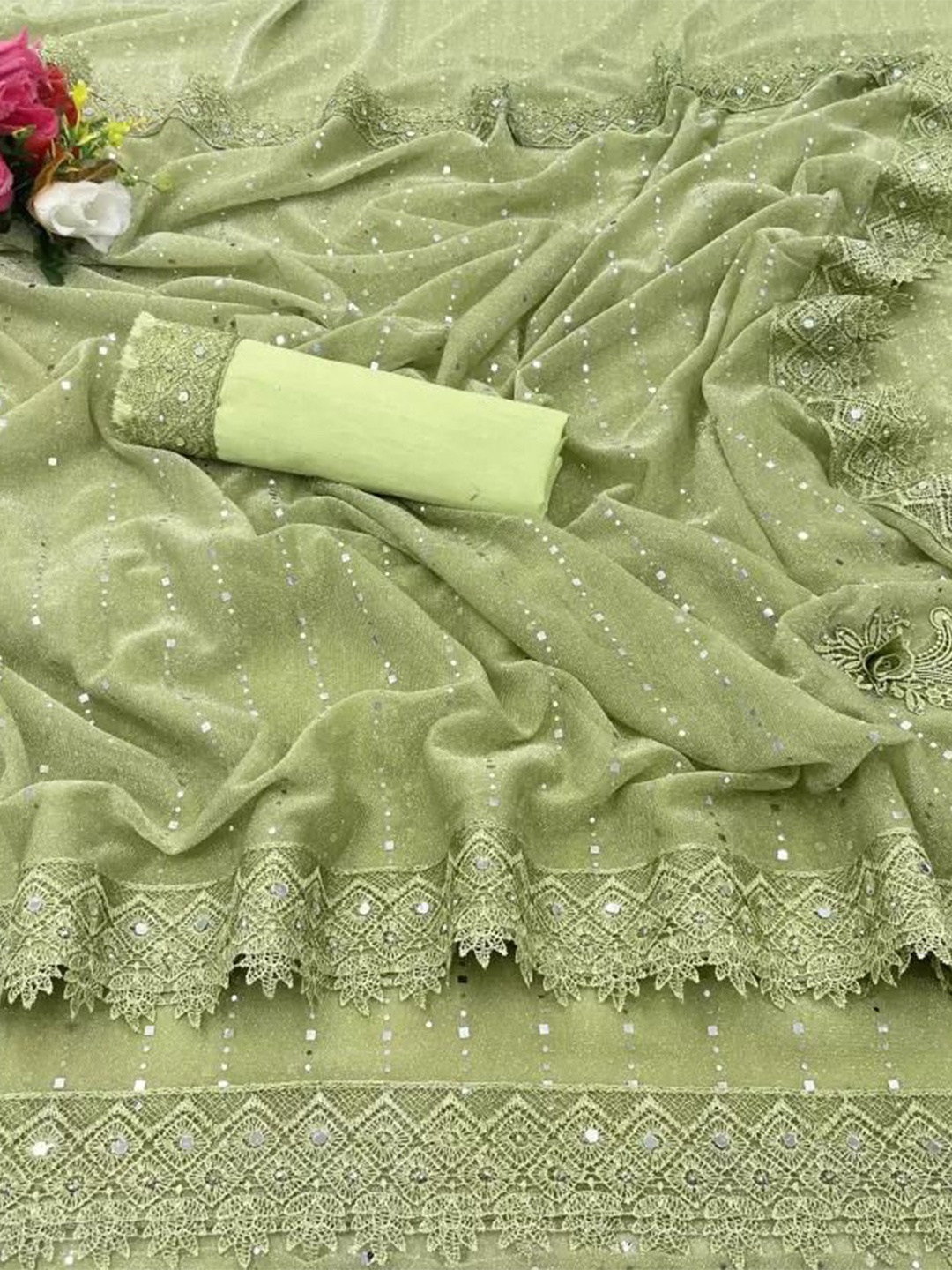 

SAADHVI Mirror Work Art Silk Fusion Saree, Green