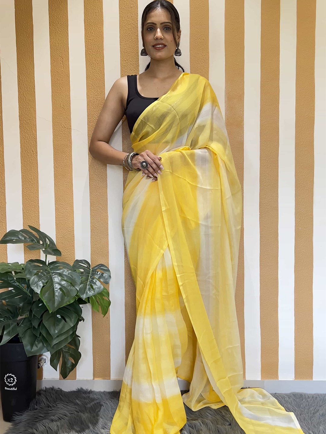 

DIVASTRI Women Striped Pure Chiffon Saree, Yellow