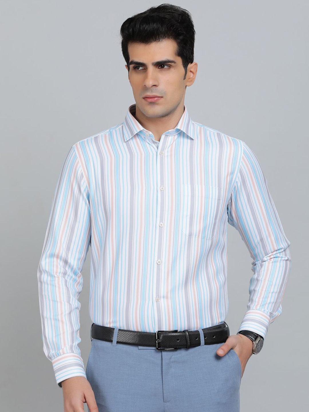 

Greenfibre Men Slim Fit Spread Collar Multi Striped Cotton Formal Shirt, Blue
