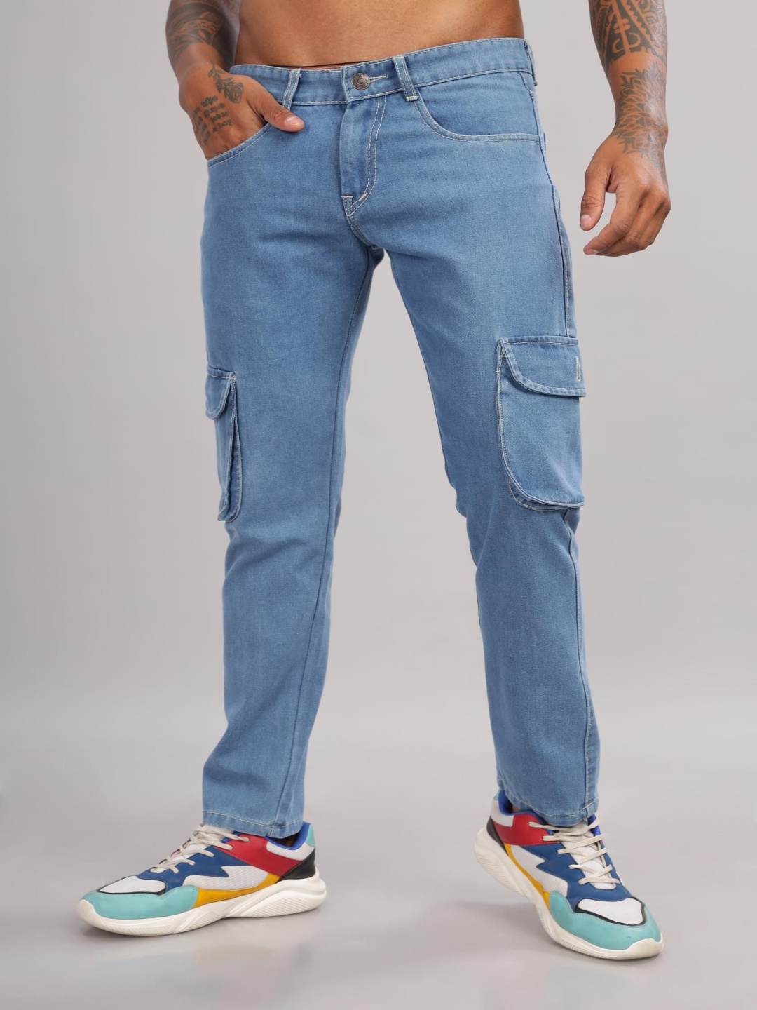 

RAGZO Men Slim Fit Mid-Rise Cotton Cargo Style Jeans, Blue