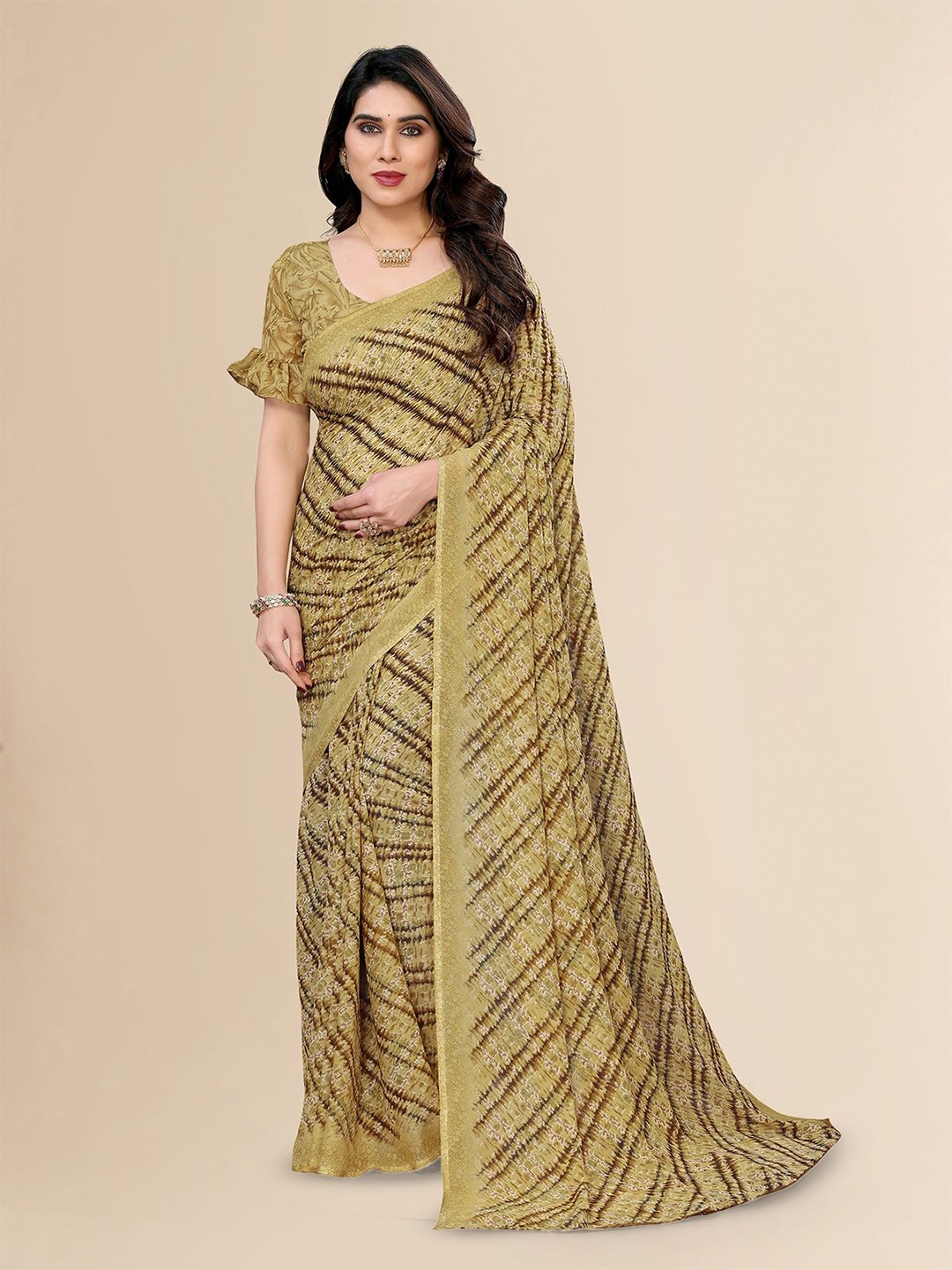 

Moda Rapido Striped Printed Saree With Blouse Piece, Gold