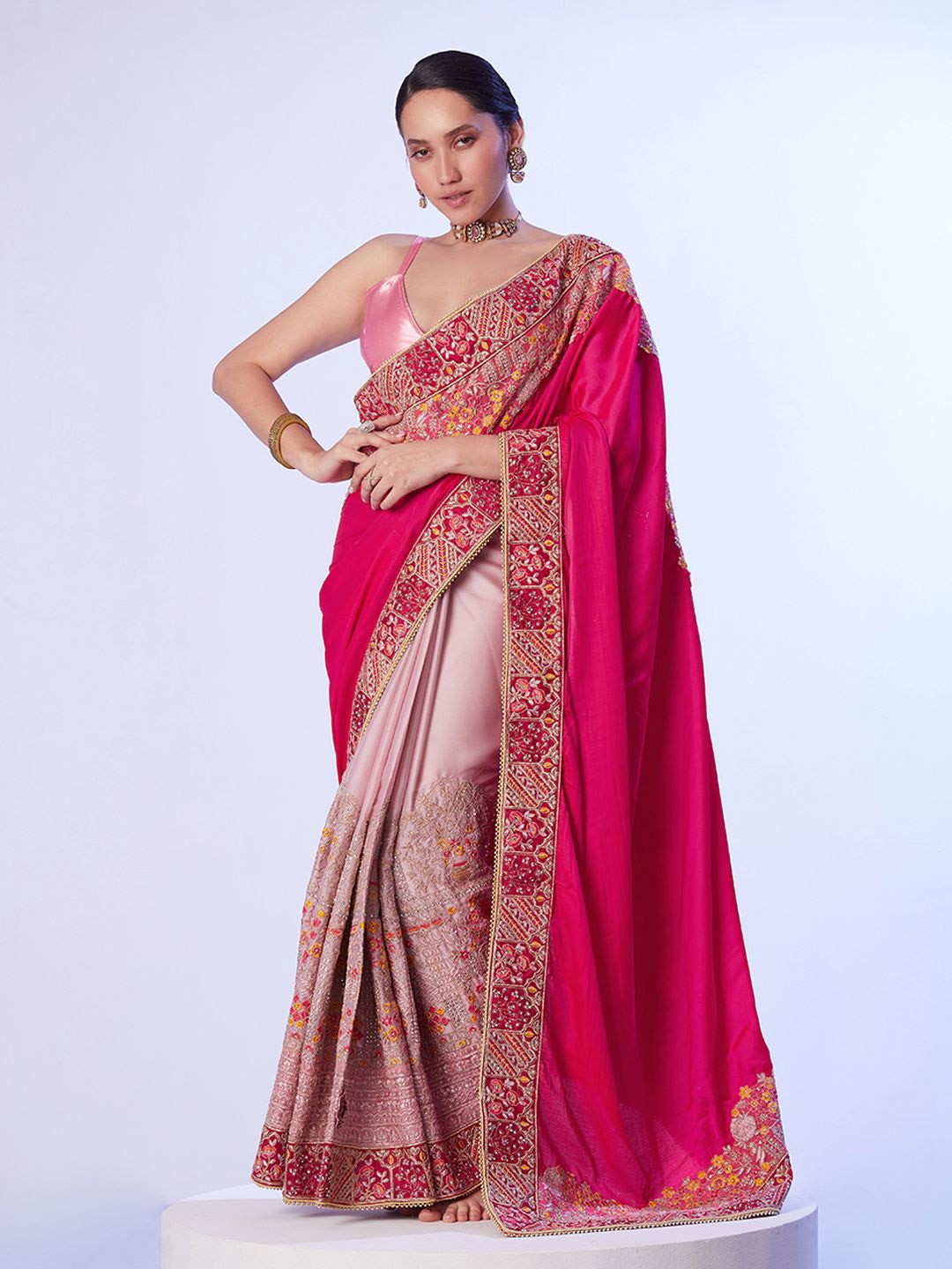 

Kalista Ethnic Motifs Beads and Stones Satin Saree, Pink