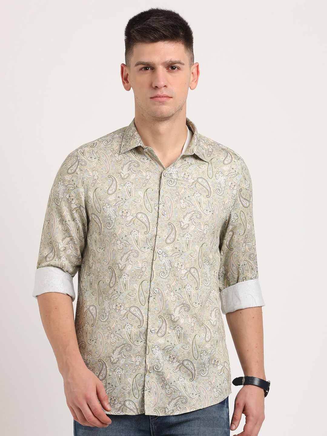 

Turtle Men Classic Fit Spread Collar Ethnic Motifs Printed Cotton Casual Shirt, Beige