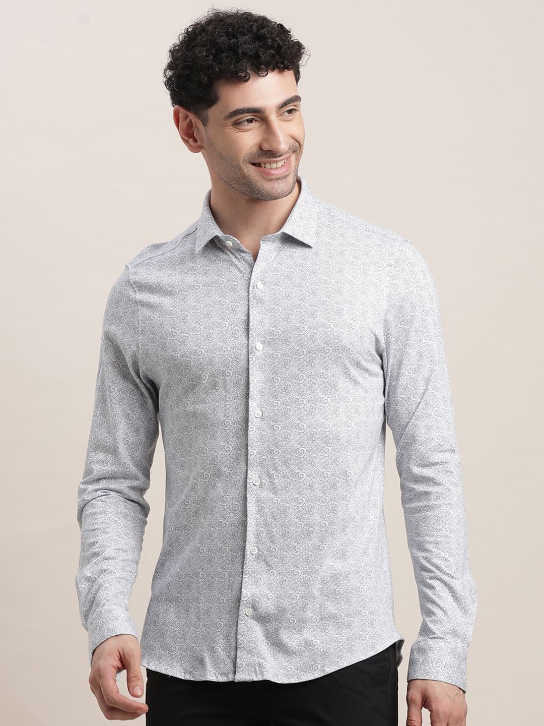 

Turtle Men Classic Fit Spread Collar Abstract Printed Cotton Casual Shirt, Grey