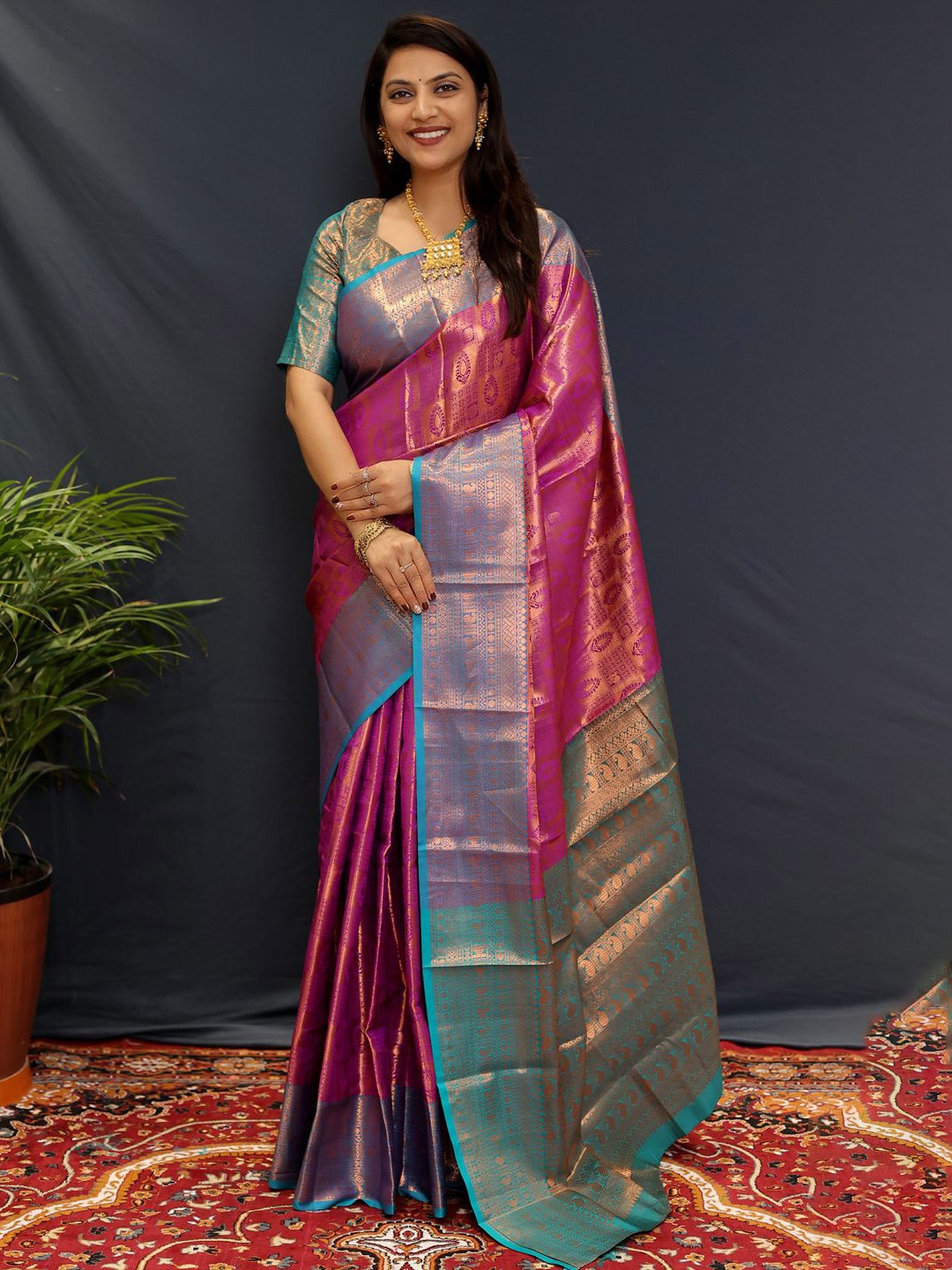 

yourwish Woven Design Zari Kanjeevaram Saree, Purple