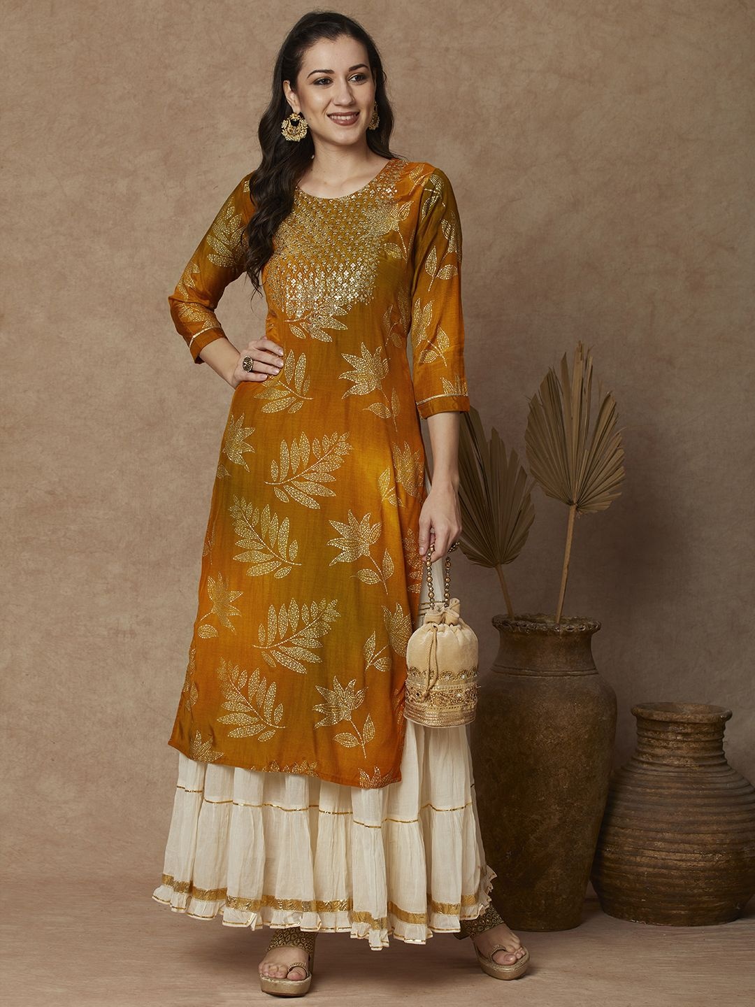 

FASHOR Floral Foil Printed Sequinned Round Neck Straight Kurta, Mustard