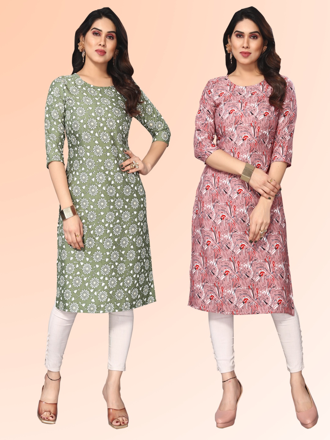 

KETAKI FASHION Selection of 2 Floral Printed Round Neck Straight Kurtas, Green