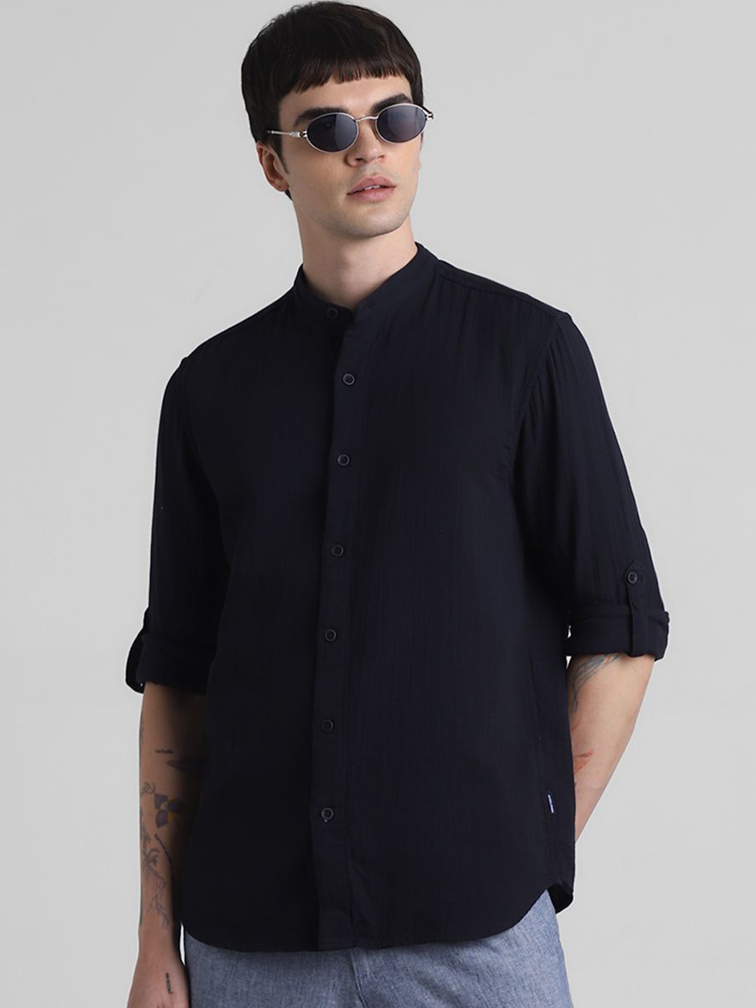 

Jack & Jones Men Band Collar Solid Cotton Casual Shirt, Navy blue