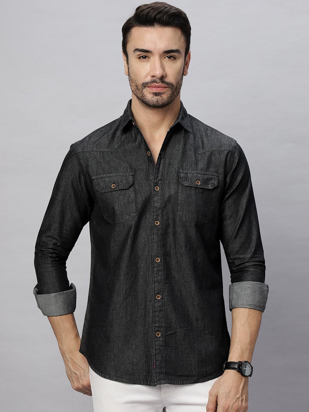 

HJ HASASI Men Relaxed Fit Spread Collar Solid Denim Casual Shirt, Black