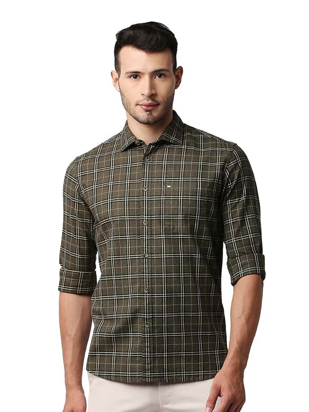 

Basics Men Slim Fit Spread Collar Tartan Checked Cotton Casual Shirt, Khaki